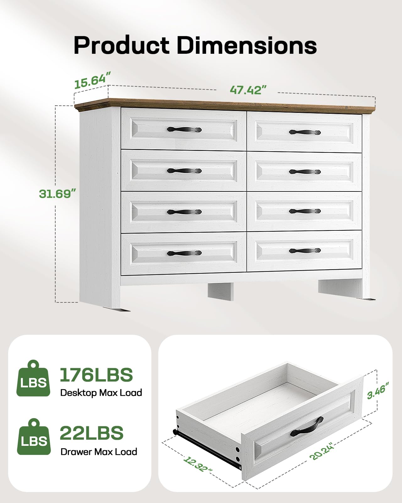 Marsail Farmhouse 8 Drawer Dresser, Wood Chest of Drawers with Natural Texture, Smooth Gliding Drawers, Versatile Storage Organizer Cabinet for Bedroom & Living Room, White and Brown