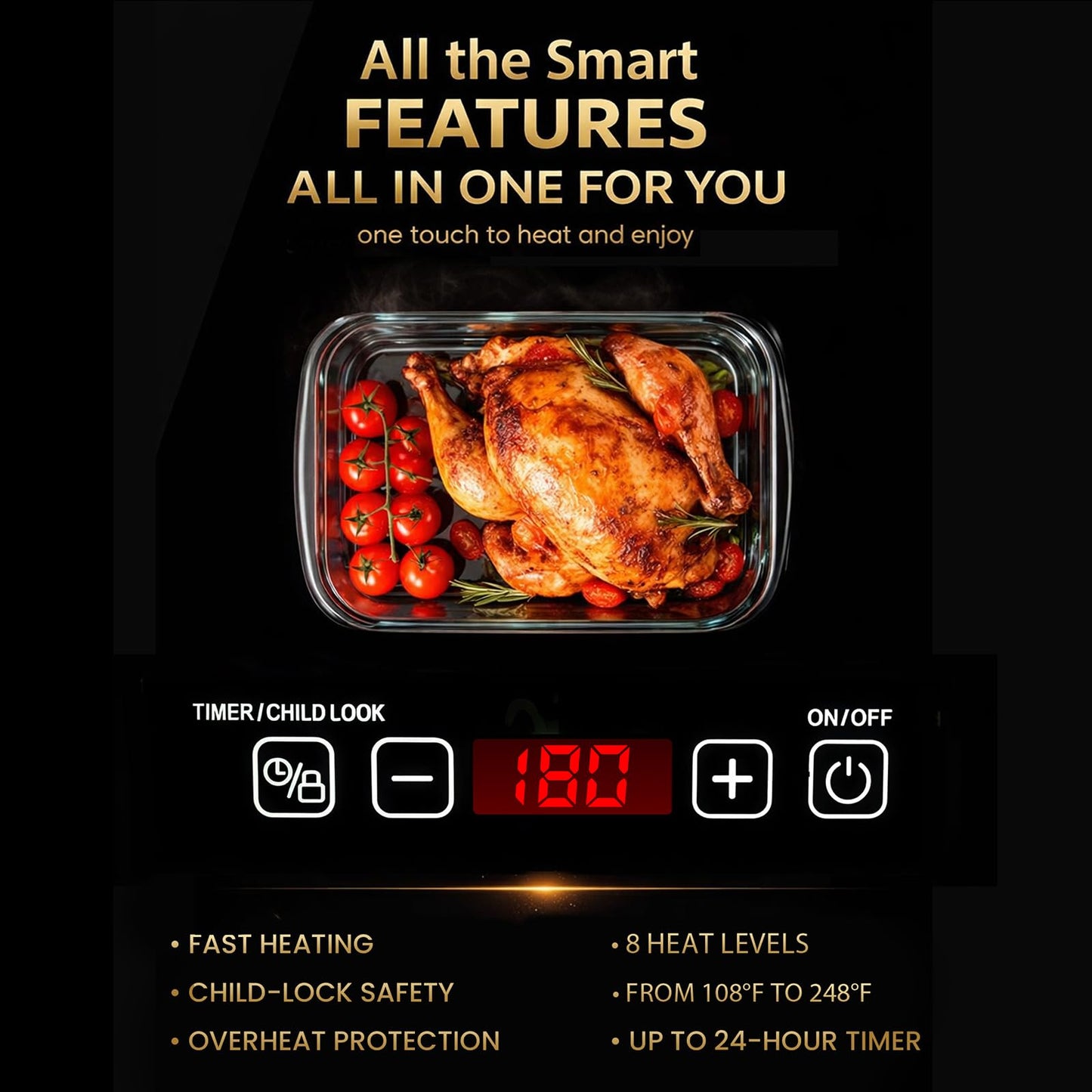 Electric Warming Tray XXXL 44"x16" with Storage Bag, Adjustable‑Size Food Warming Mat, 5‑in‑1 Expandable Modular, Food Warmer for Parties, Buffet, Catering & Gathering, 8‑Level Temp & Timer, Gold Edge