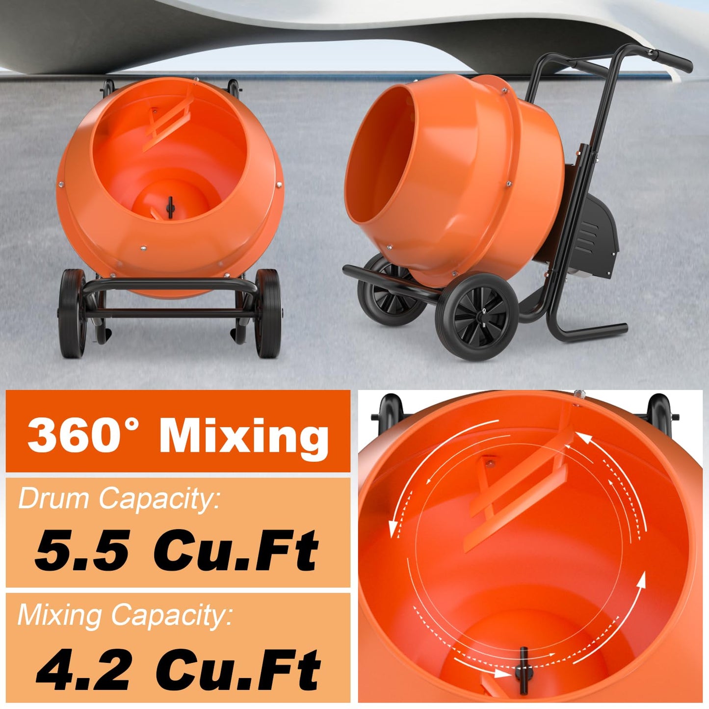5.5CuFt Heavy-Duty Electric Cement Mixer 550W，220V Portable Concrete Mixer with Steel Frame & 2800 RPM Motor，Wheelbarrow Style for Construction, Garden, DIY