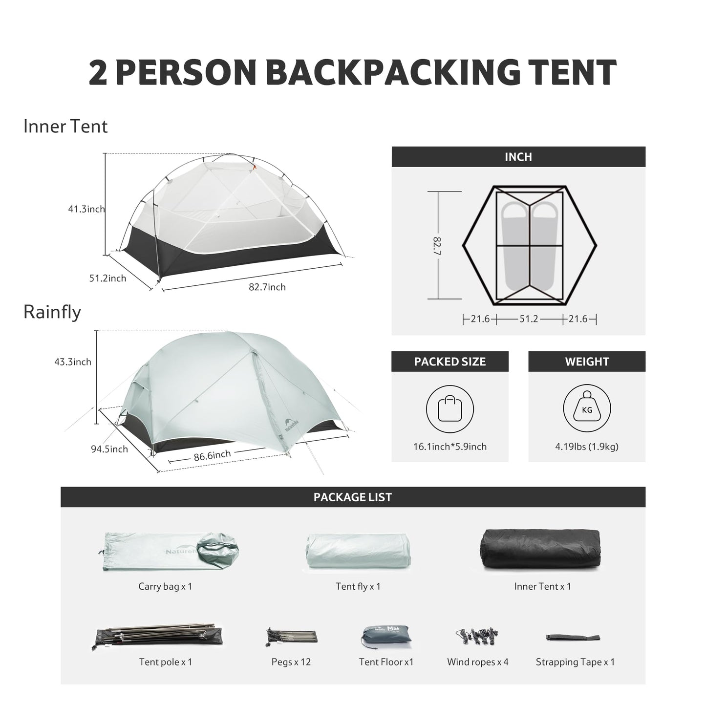 Naturehike Mongar UL 1/2Person Backpacking Tent,15D Nylon Waterproof Ultralight 1-2 Person Tent with Footprint