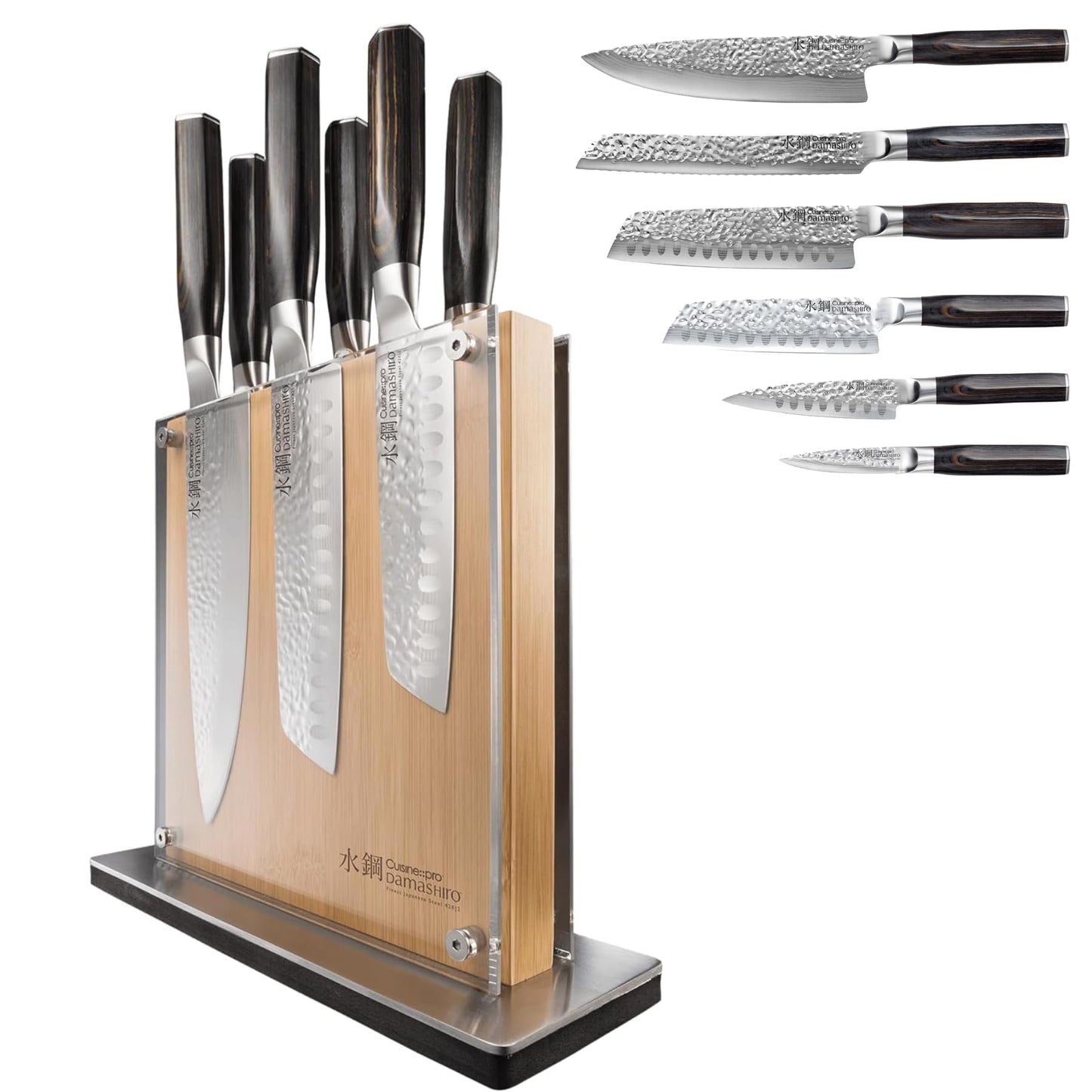 Cuisine::pro Damashiro Emperor Knife Block (Shi, 7 Piece Set) - Premium Japanese Steel Knife Set With Tempered Glass - Magnetic Knife Holder - Professional Knife Set in Damascus Design