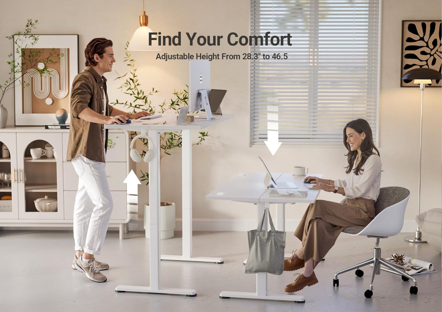 YDN Electric Standing Desk Adjustable Height, 40 x 24 Inches Stand up Desk with Cable Management, Home Office Desks with Splice Board & White Frame, White Top
