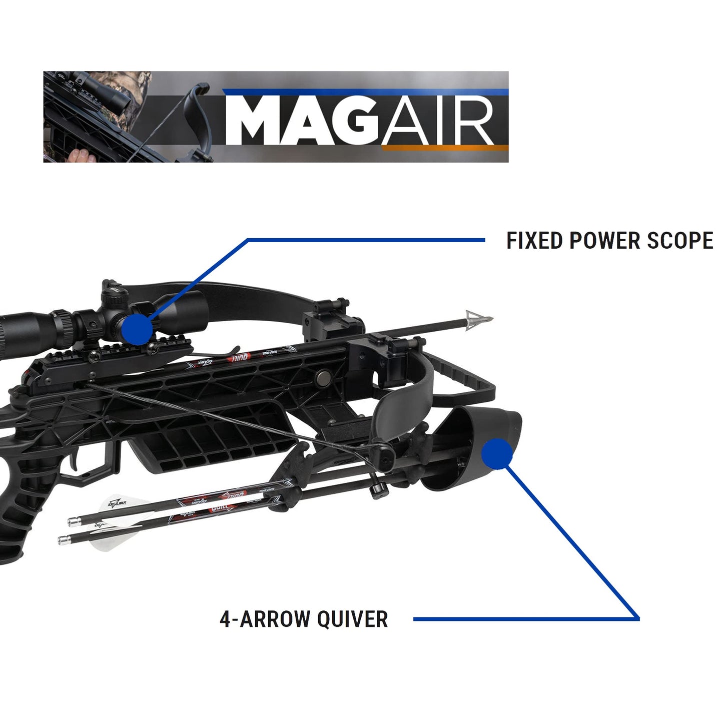 Excalibur Mag AIR Accurate Lightweight Durable Safety Versatile Hunting Archery Crossbow - 1-inch Scope Rings, 3 Quill 16.5" Arrows, 4-Arrow Quiver Included