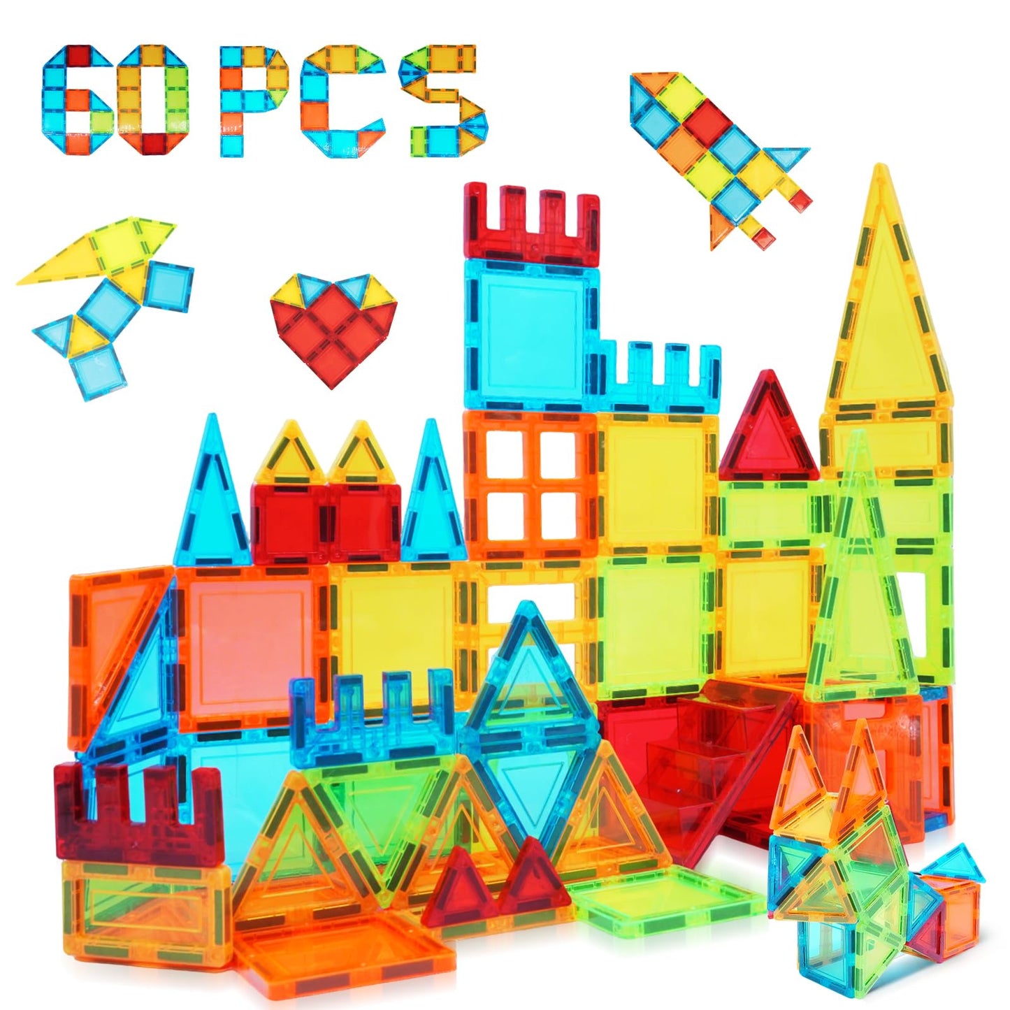 W WISE BLOCK Magnetic Tiles, 60 PCS Magnetic Tiles Building Set, Educational STEM Magnets Tile Toys for Boys Kids Toddlers Ages 3 4 5 6 7 8 9+ Year Old