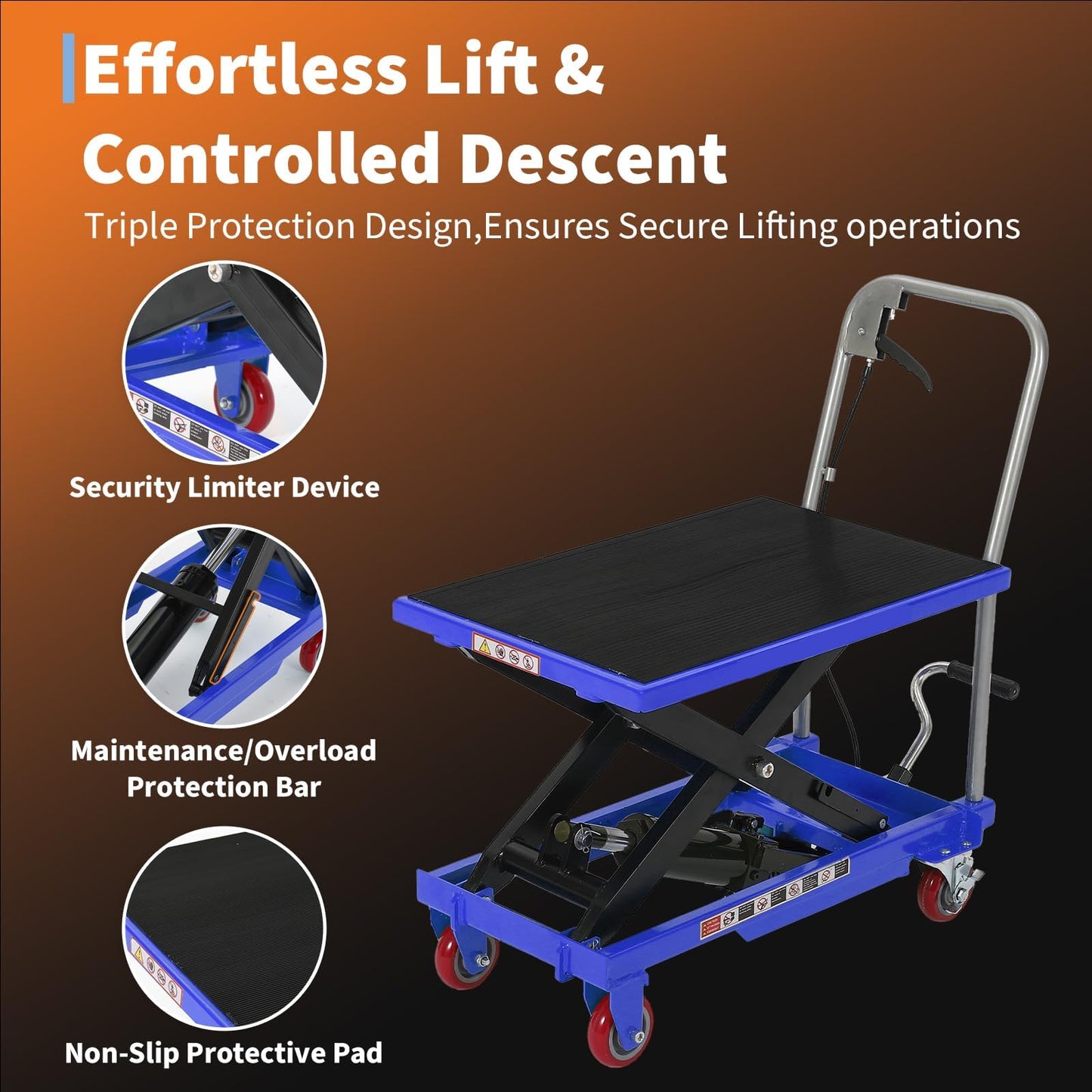 Hydraulic Lift Table Cart,1100lbs Capacity 32.2" Lifting Height,Manual Single Scissor Lift Table with Non-Slip Pad, 4 Wheels & Reflective Strips,for Material Handling & Transportation