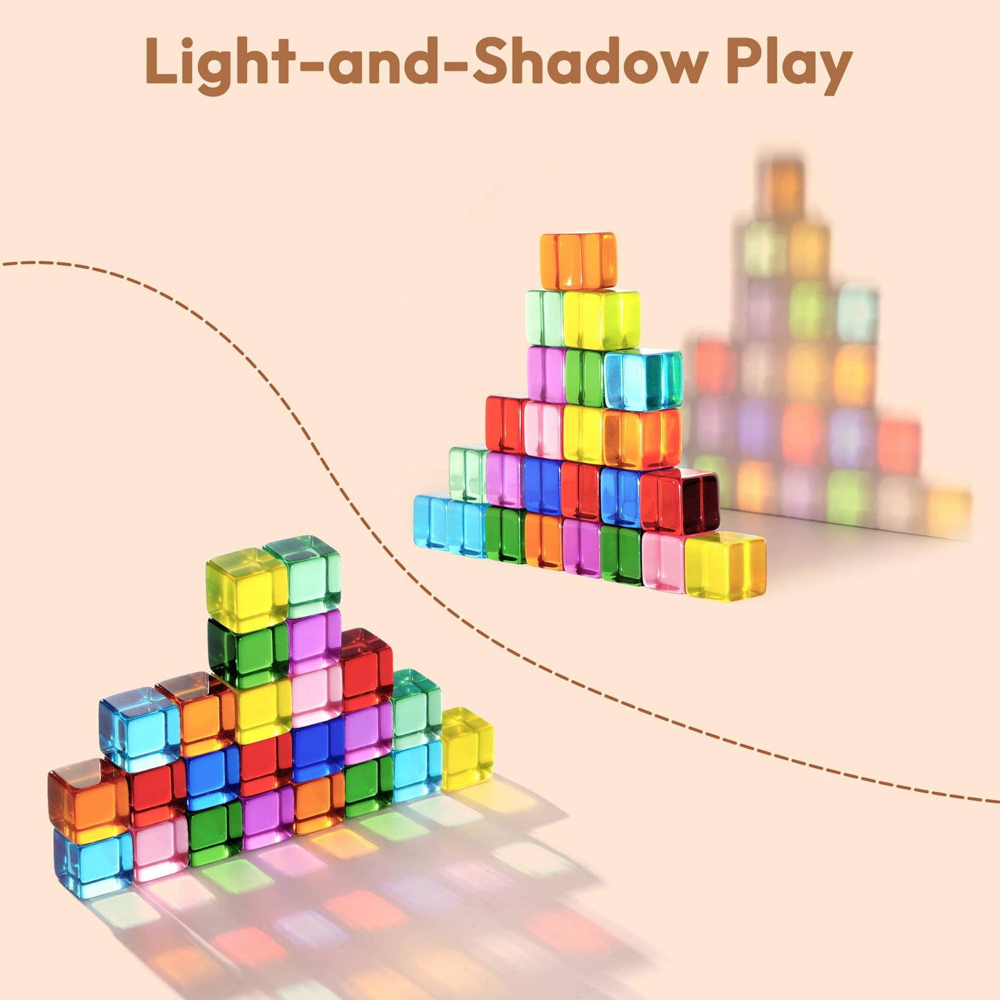 Woodtoe Wooden Building Blocks for Kids, 48 PCS Rainbow Acrylic Gem Cubes Blocks - 32 Wooden Blocks, Montessori Stacking Toy for Toddlers, Educational STEM Learning Sensory Toy Gifts for Boy Girl 3-6