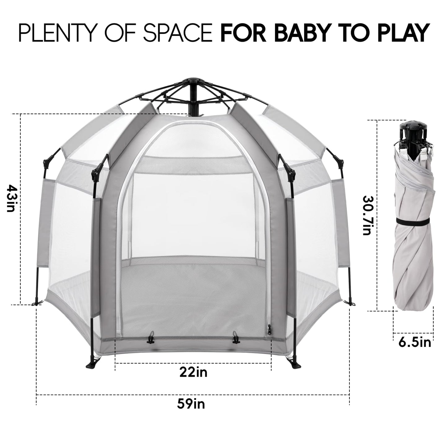 Palopalo Pop Up Baby Playpen with UPF50+ Canopy & Mat, Indoor & Outdoor Foldable Play Pen for Babies and Toddlers, Portable Baby Beach Tent with Travel Bag, Pop Up Pack and Play Yard, Grey
