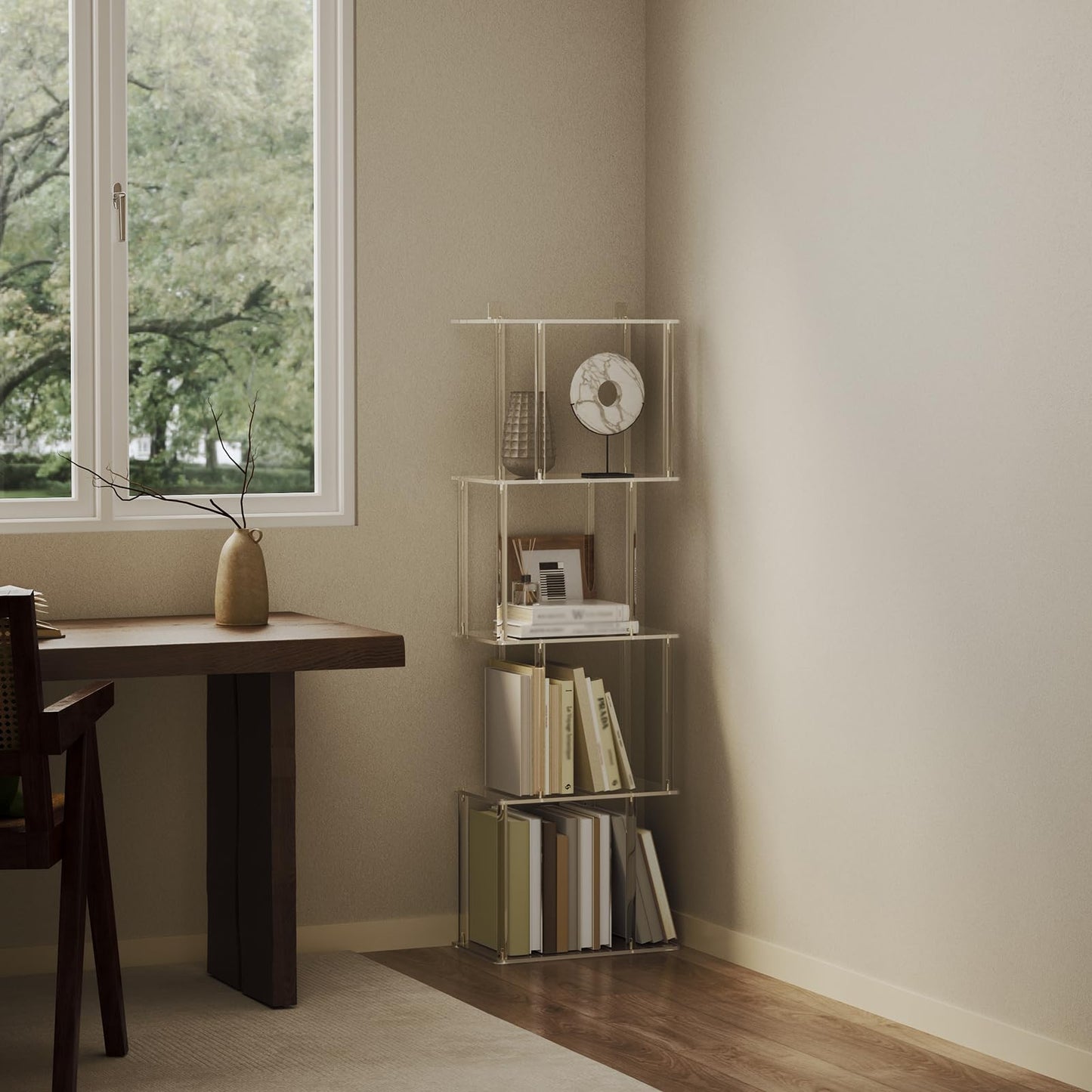 CRTERICX Acrylic Geometric Bookshelf for Small Spaces, 5-Tier Clear S Shaped Bookcase, Modern Open Book Shelf for Living Room, Bedroom, Office, 9.3" D x 15.6" W x 48.8" H, Easy Assembly