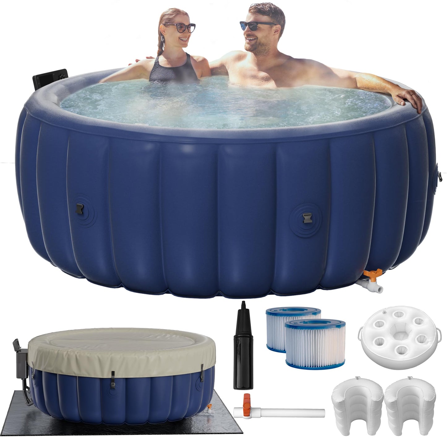 Blue 73"x28" Inflatable Hot Tub for 2-4 Persons | Portable Outdoor Spa with 146 Adjustable Bubble Jets, LED Mood Lights, Smart Touch Panel, Cover & Accessories (2 Headrests, Cup Holder)