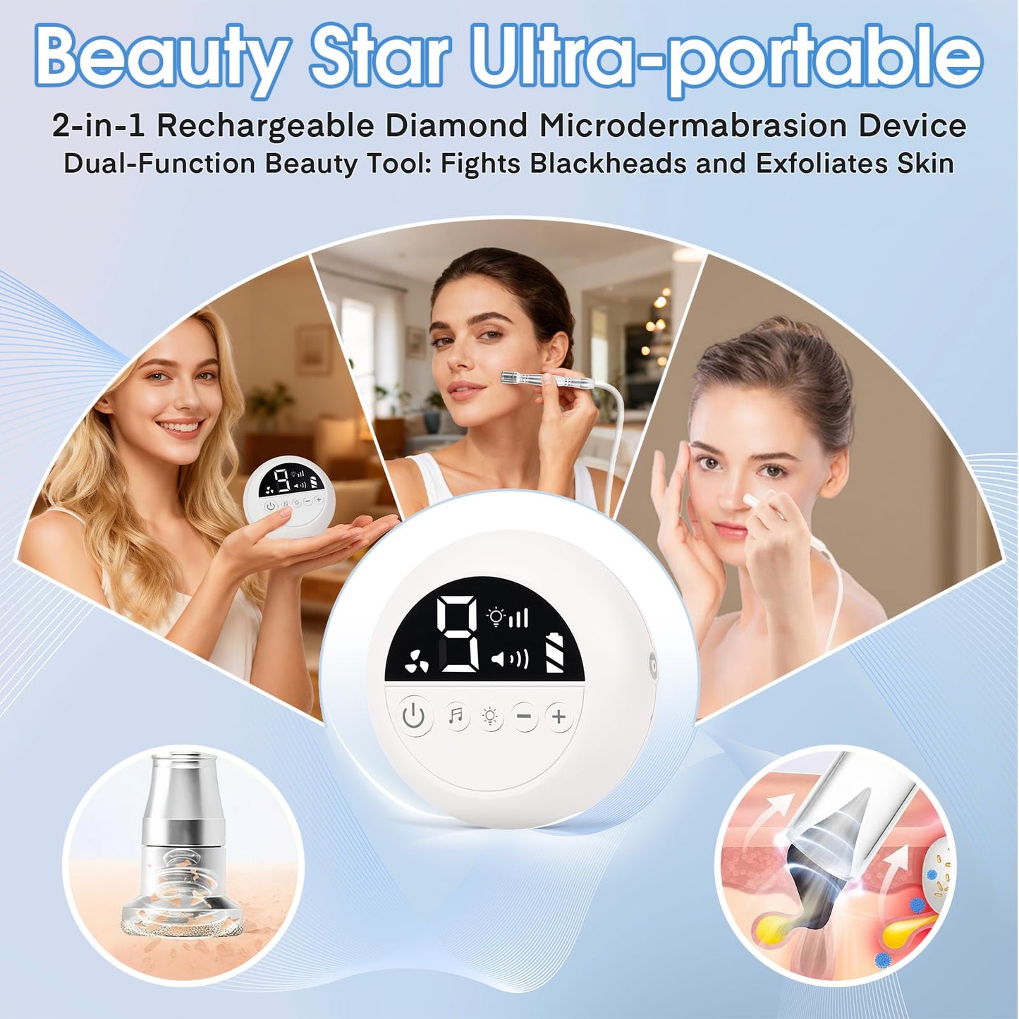 Pro Cordless Microdermabrasion Machine, Beauty Star Portable Facial Pore Vacuum Tool for Blackhead Removal, Glowing Skin, 3 Diamond Tips & 9-Setting Suction, Home and Salon Use