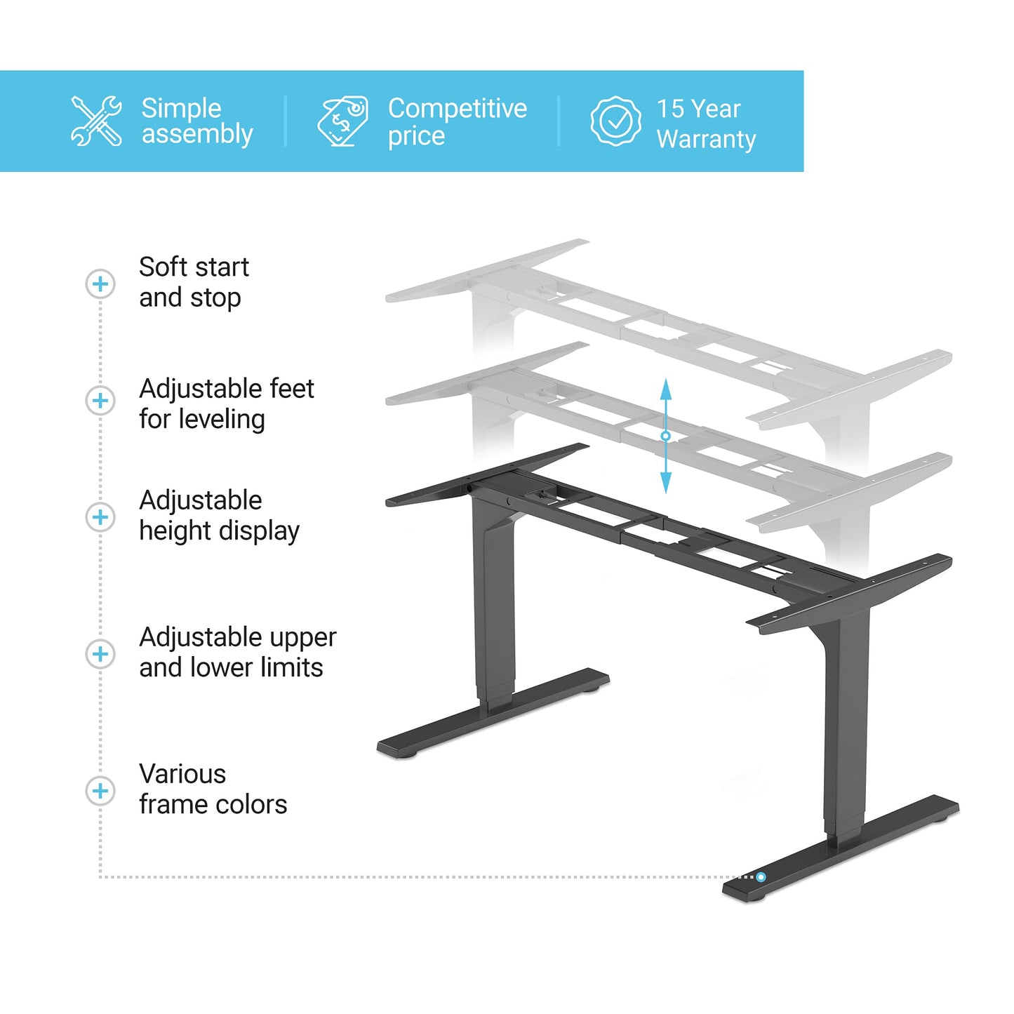 PROGRESSIVE AUTOMATIONS Electric Standing Desk Frame Dual Motor. Adjustable Height and Width, 3 Stages Legs for sit Stand Home Office desks suites Tops from 48" to 73" FLT-02 Black