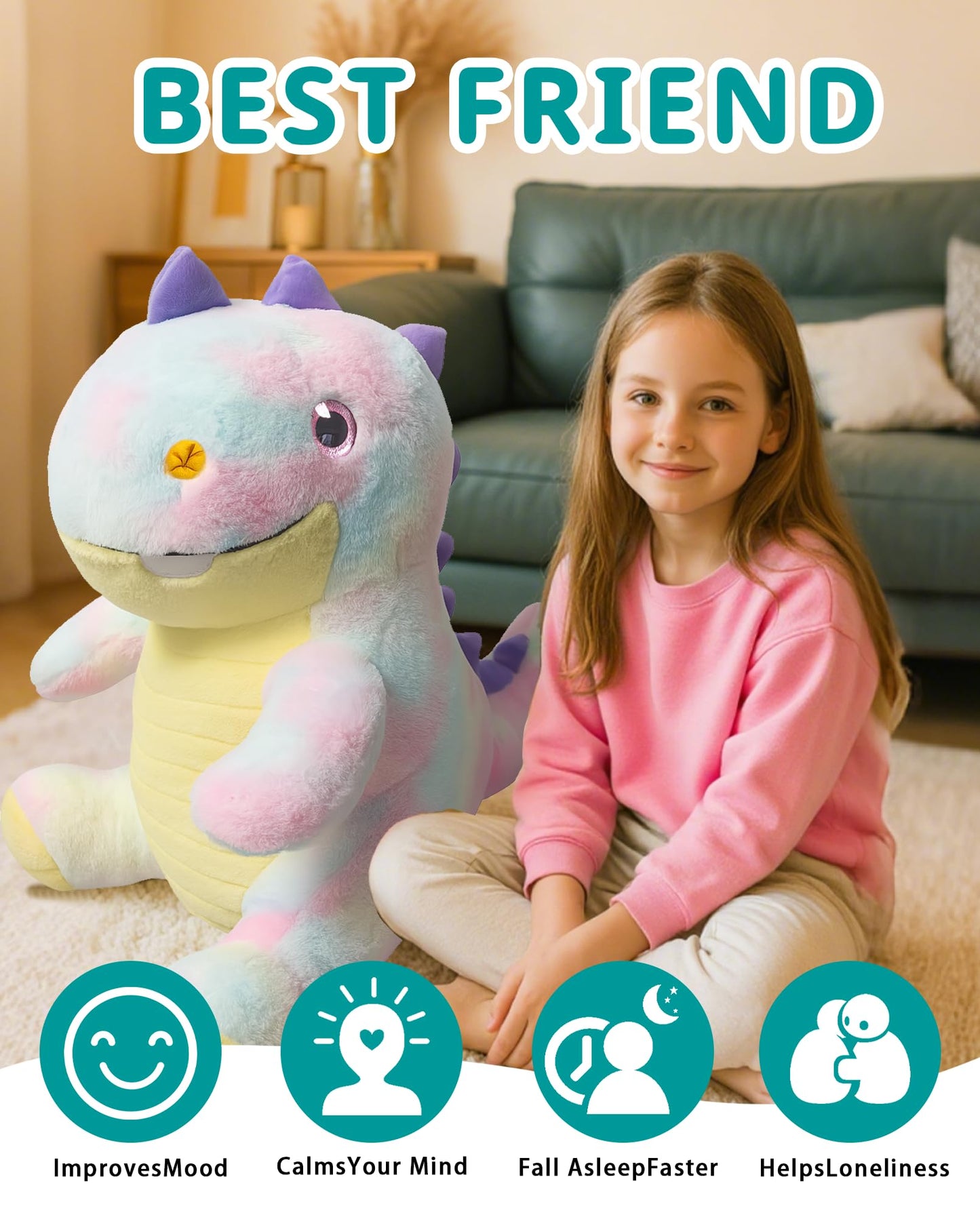 Dinosaur Large Stuffed Animals, 23" Cozy Soft Hug Doll, 3.7lbs Weighted Stuffed Animals, Giant Plush Toy, Soft Kawaii Plushie Gifts for Adults, Kids Boy/Girl Birthday, Christmas & Holidays(Pink)