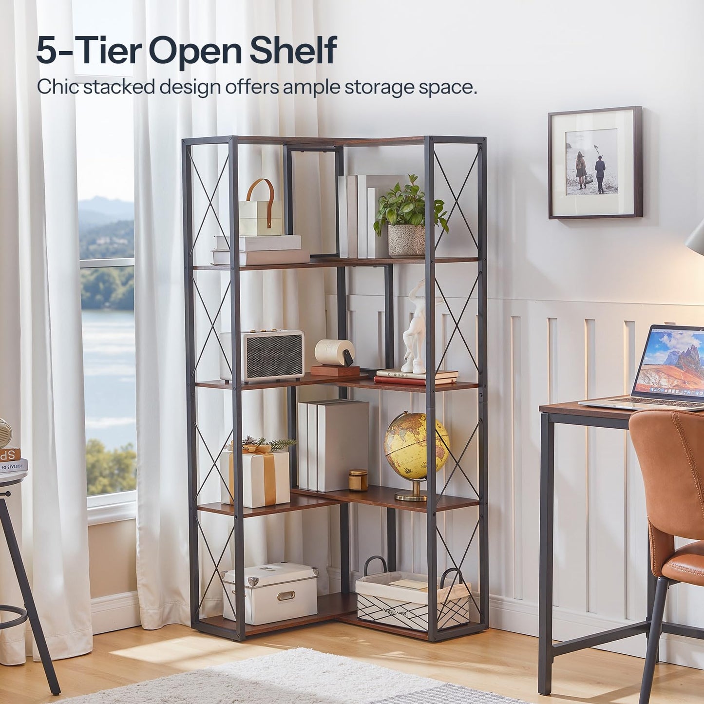 HOOBRO Corner Bookshelf, 5-Tier Industrial Corner Bookcase, Open Display Storage Rack, Vertical or L-Shaped, for Office, Living Room, Bedroom, Rustic Brown and Black BF66SJ01