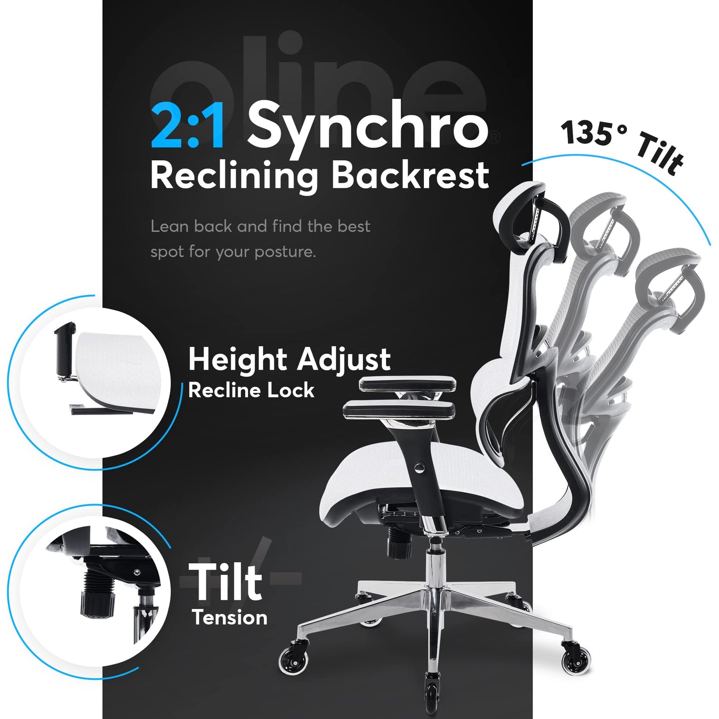 Oline ErgoPro Ergonomic Office Chair with 4D Adjustable Armrest, 3D Lumbar Support and Blade Wheels - Mesh Computer Gaming Rolling Desk Executive Swivel Home Chair (White)