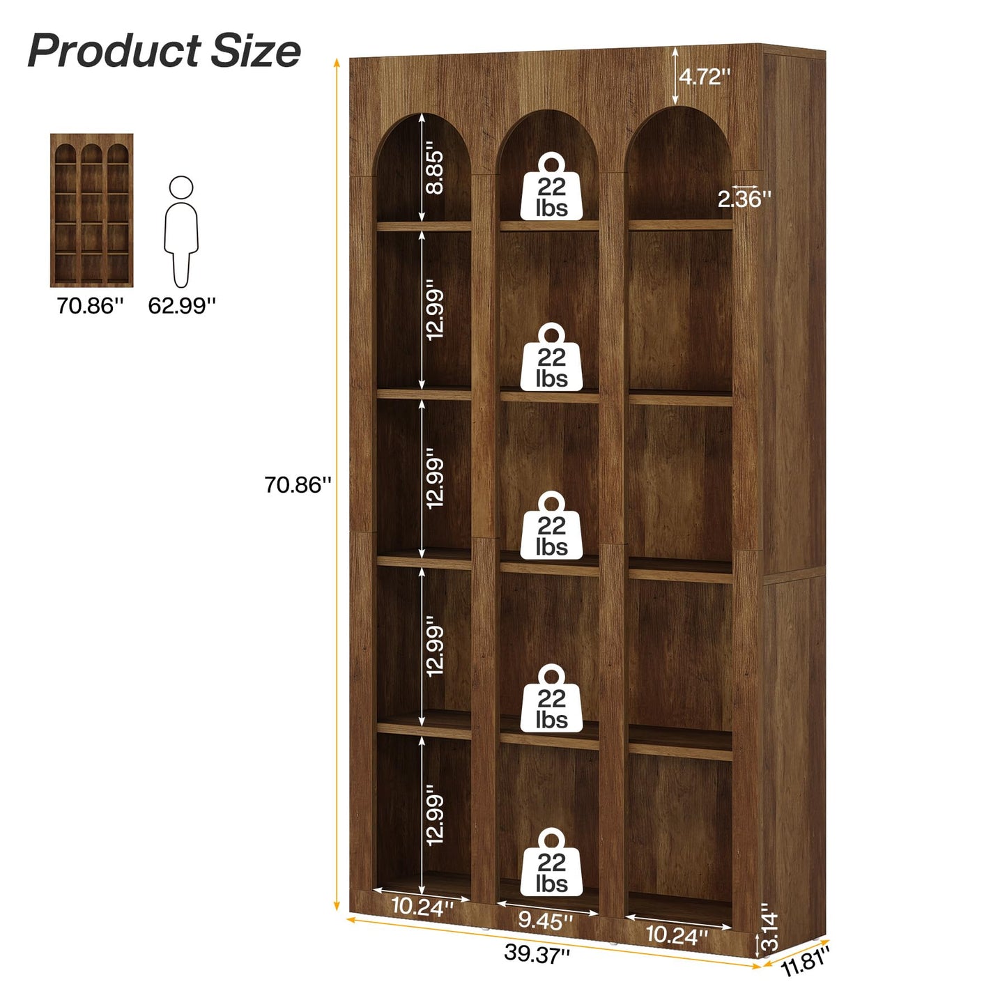 Tribesigns 5-Tier Farmhouse Arched Bookshelf, 70.87-Inch Mid Century Modern Arched Bookcase with Open Shelves, Tall Book Shelf Vintage Display Storage Shelving Unit for Home Office, Rustic Brown
