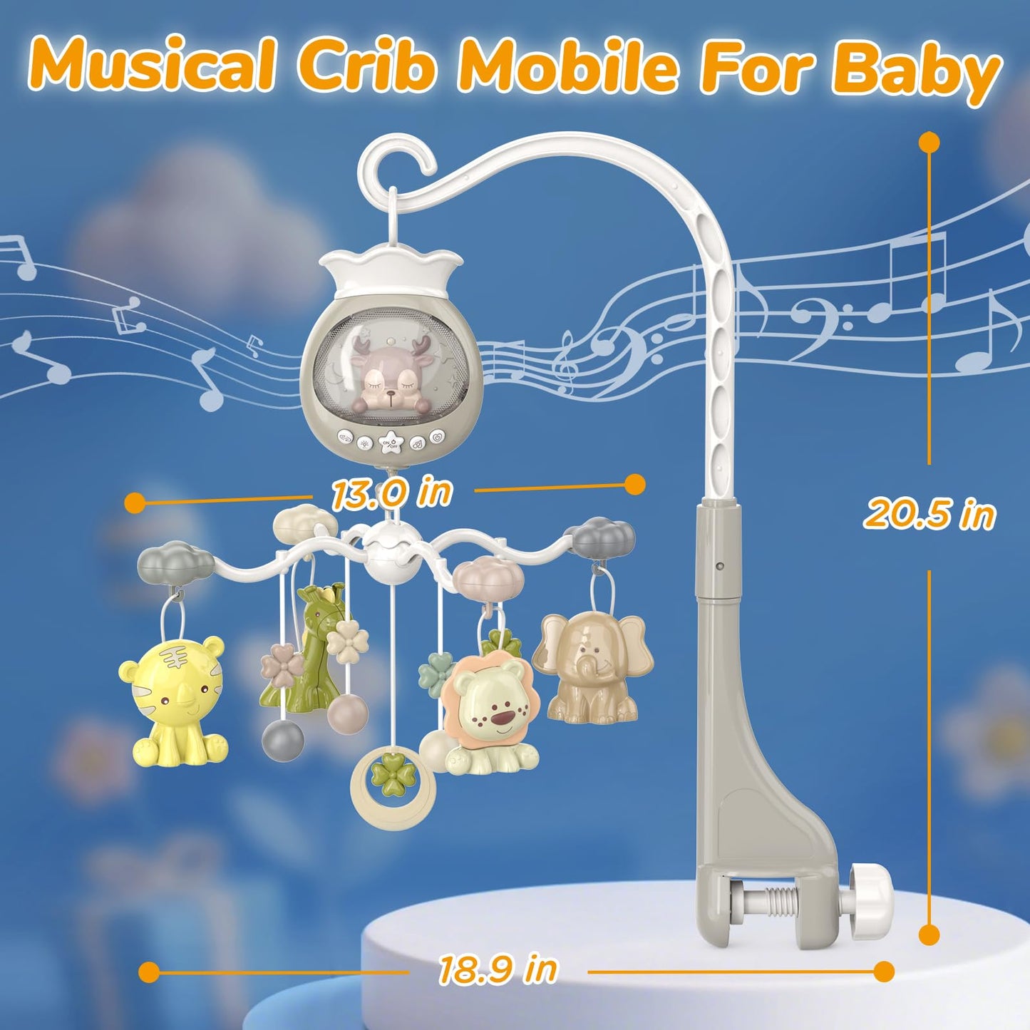 Crib Mobile with Music and Lights, Baby Mobiles for Cribs, Nursery Mobile Arm Hanging Toys for Bassinets Girls Boys Babies, Musical Infant Space Portable Mobiles Clip On Pack and Play Hanger