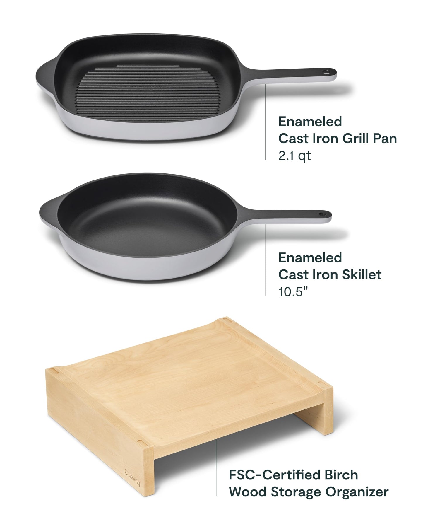Caraway 10.5” Cast Iron Skillet & Grill Pan Duo – Enameled Cookware Set with Non-Toxic 3-Layer Enamel Coating – No Seasoning Required – Compatible with All Stovetops – Gray