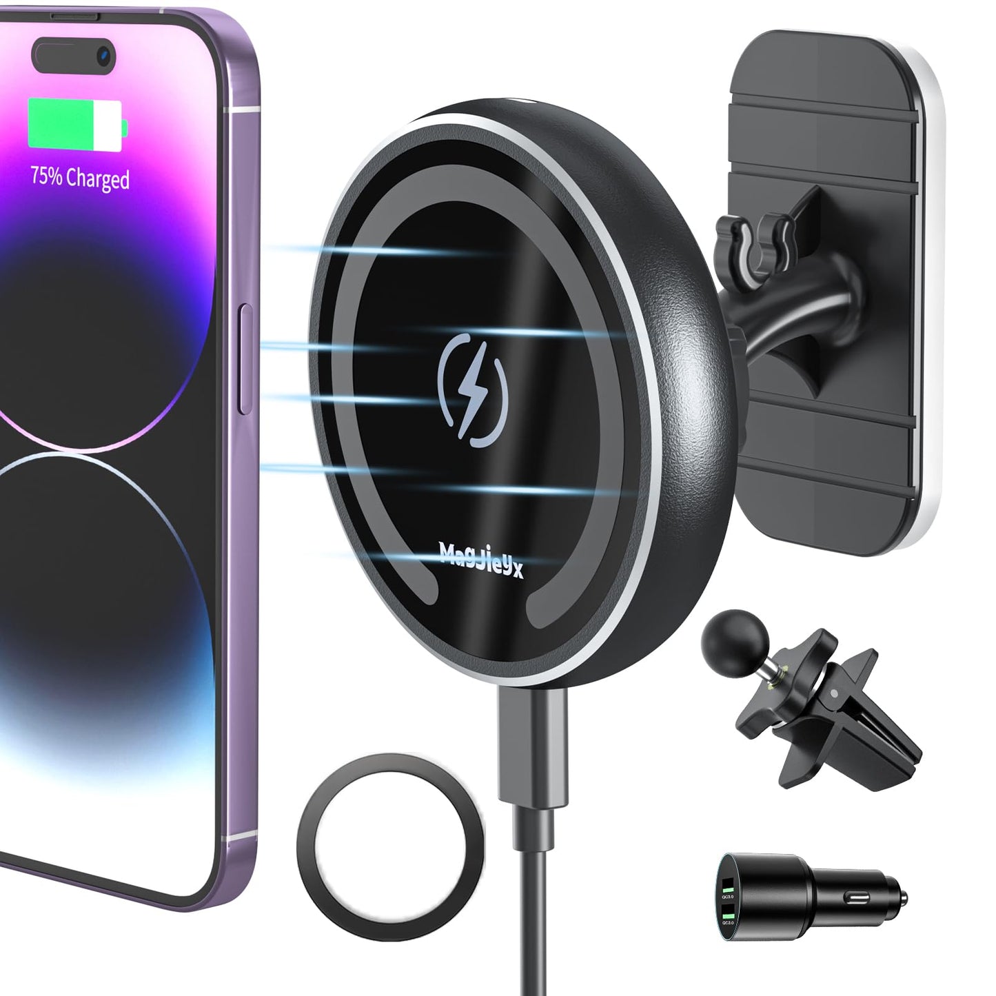 for Magsafe Car Mount Wireless Charger Magnetic Fast Charging Compatible with iPhone 16,15,14,13,12,Pro Max,Mini,Magsafe Case, Air Vent and Stick On Dashboard Car Phone Holder