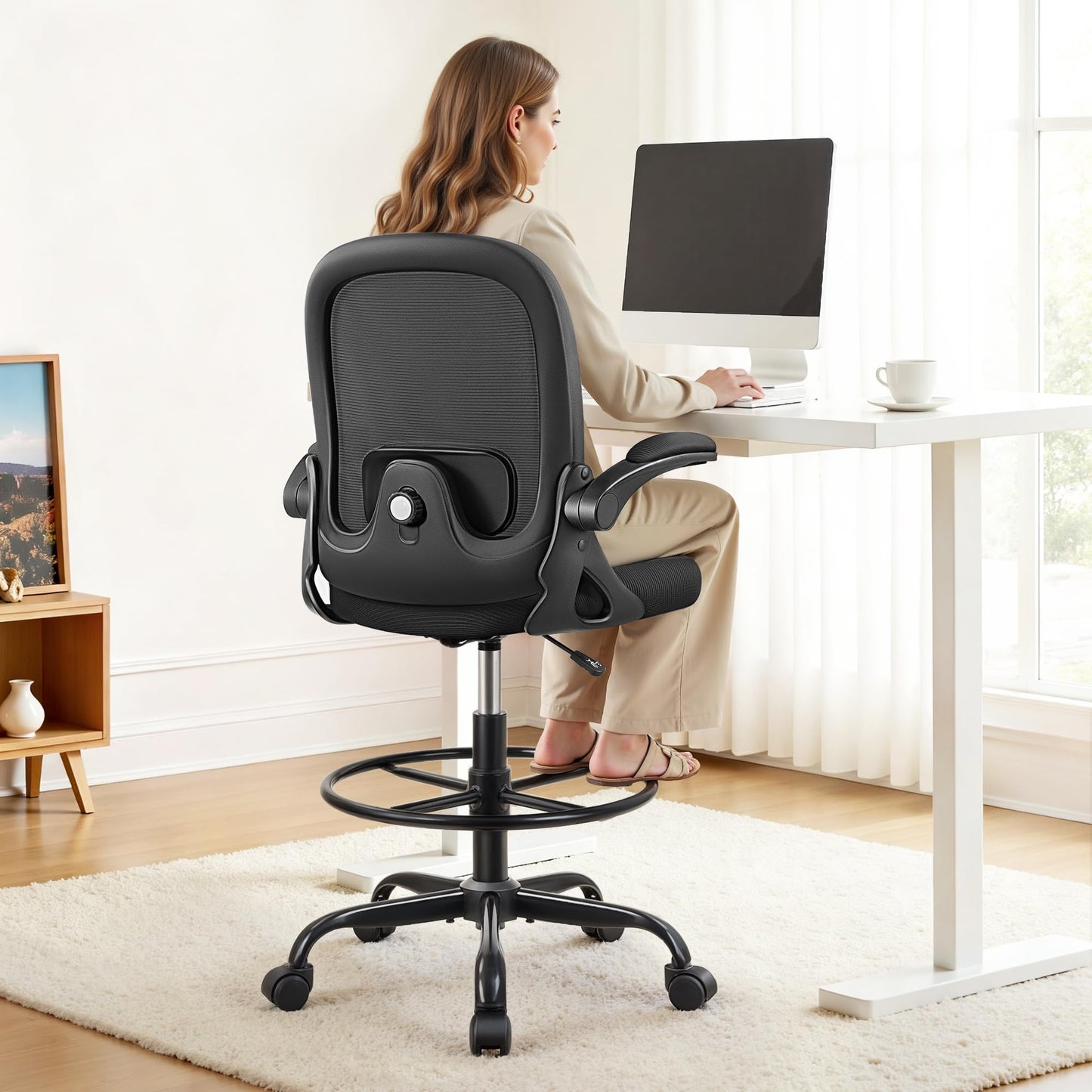Primy Home Office Drafting Chair - Tall Desk Chair with Flip-up Armrests 3D Lumbar Support, Comfort Drafting Chair with Footrest for Standing Desk, High Chair for Bar Study Work