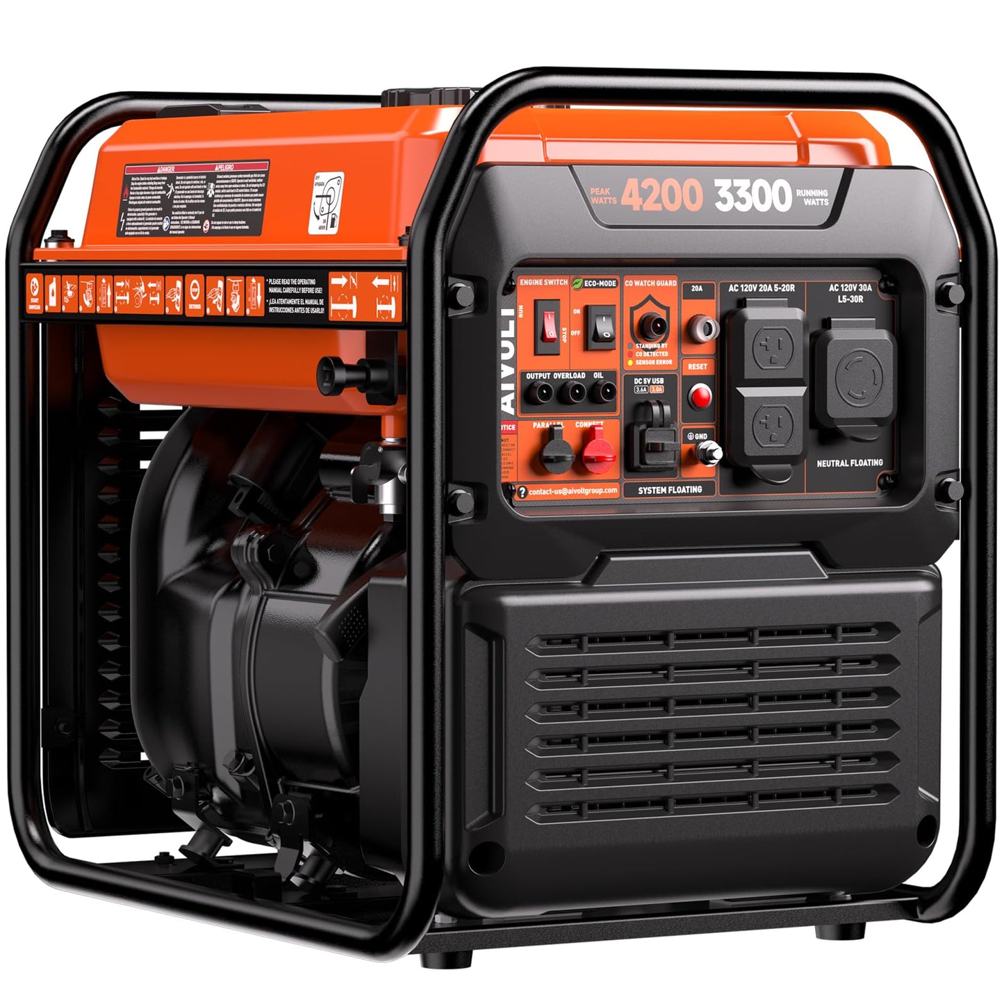 Inverter Generator 4200W, Portable Generator Gas Powered with Long Runtime, CO Sensor, Low Oil Shutoff, Quiet Running, Open Frame Power Supply for Home Use, RV, Camping, Worksite