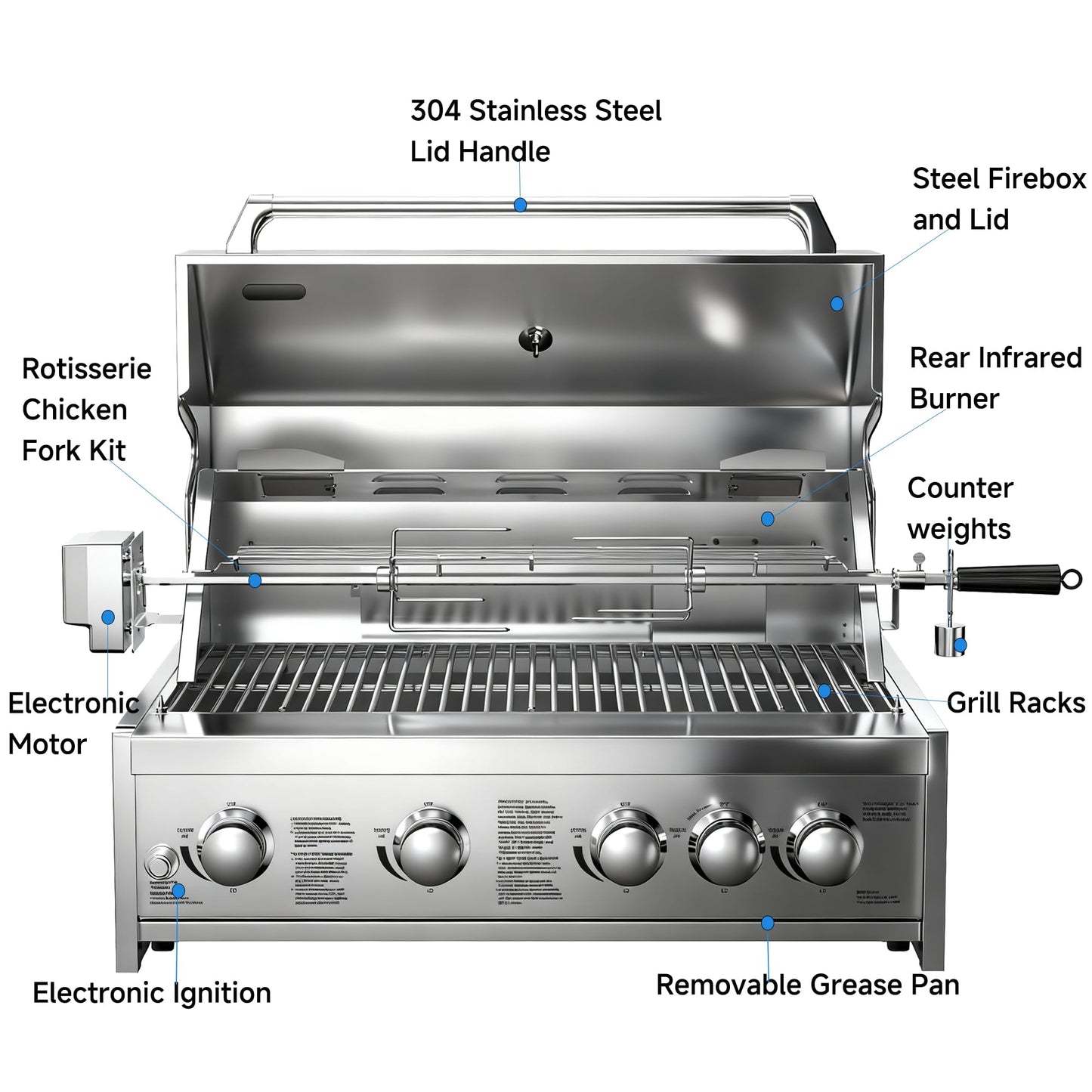 BODEGA 5 Burner Built In Gas Grill Island Head, Stainless Steel 30 Inch Propane Grill with Rear Burner, 58000 BTUs, 988.5 SQ In Racks, Dual Fuel Compatibility, Gas Grill Outdoor Cooking, BBQ Fork Kit.