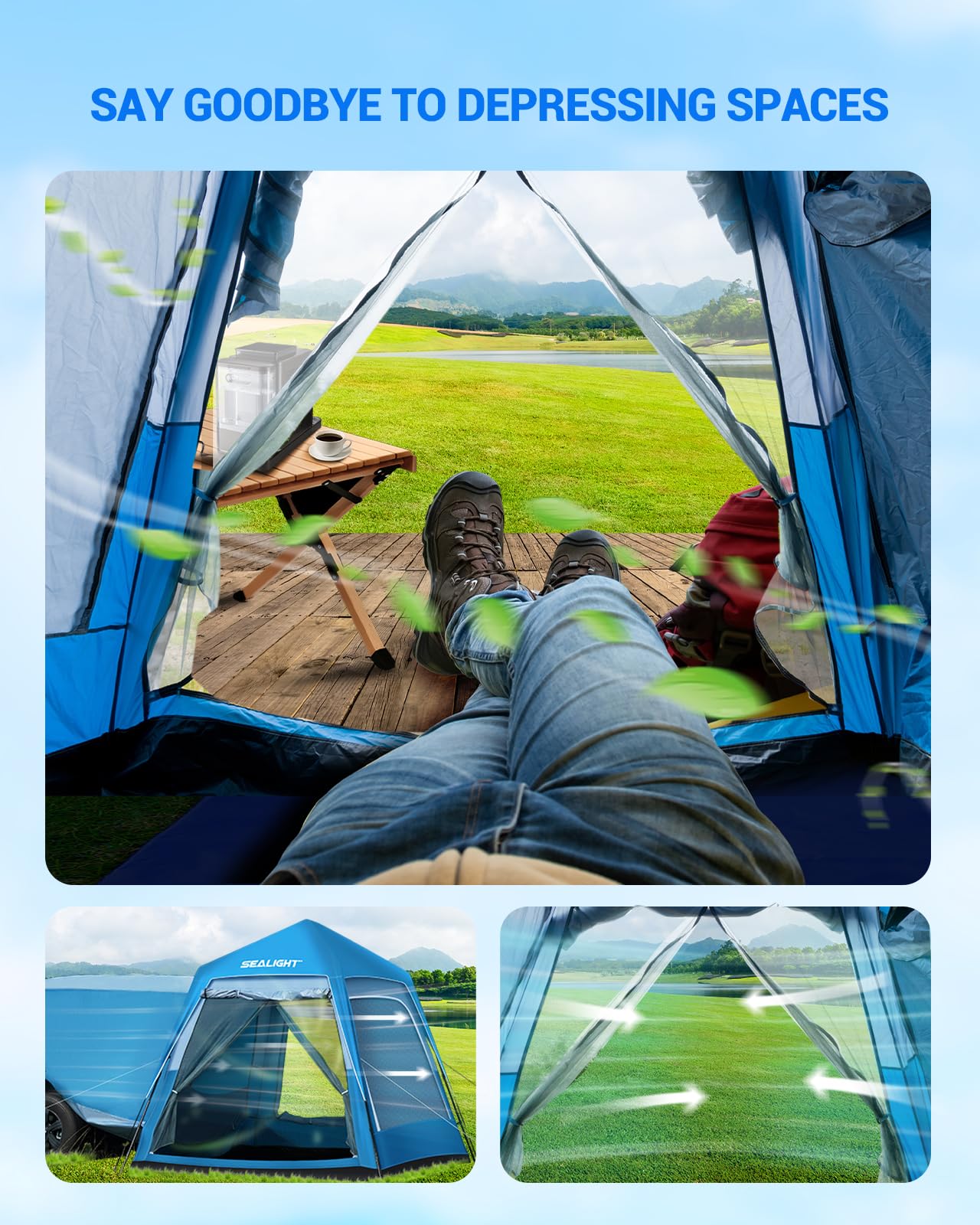 SEALIGHT SUV Tent for Camping 6 Person Pop Up Tent Double Layer PU3000mm Waterproof Car Camping Tent with Rainfly and Storage Bag，Weather Resistant SUV Tailgate Tent，10FT L x 8FT W x 7.2FT H Blue