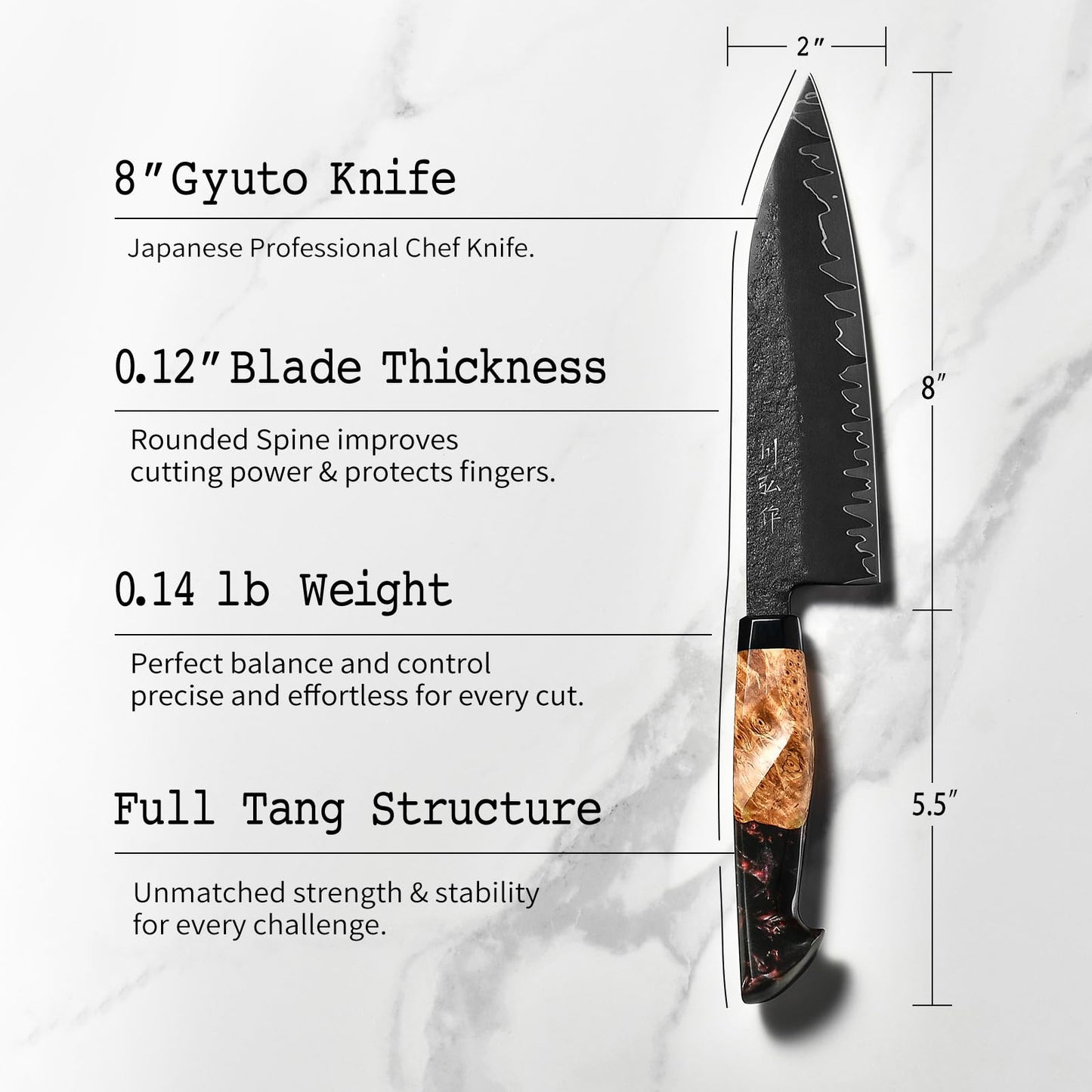 Japanese Blackened Gyuto Chef Knife, 8 Inch Hand Forged Tri-Ply SG2 Powder Steel Kitchen Knives, Professional Japan Chefs Knife with Luxurious Stabilized Wood Ergonomic Handle, Best Cooking Gifts