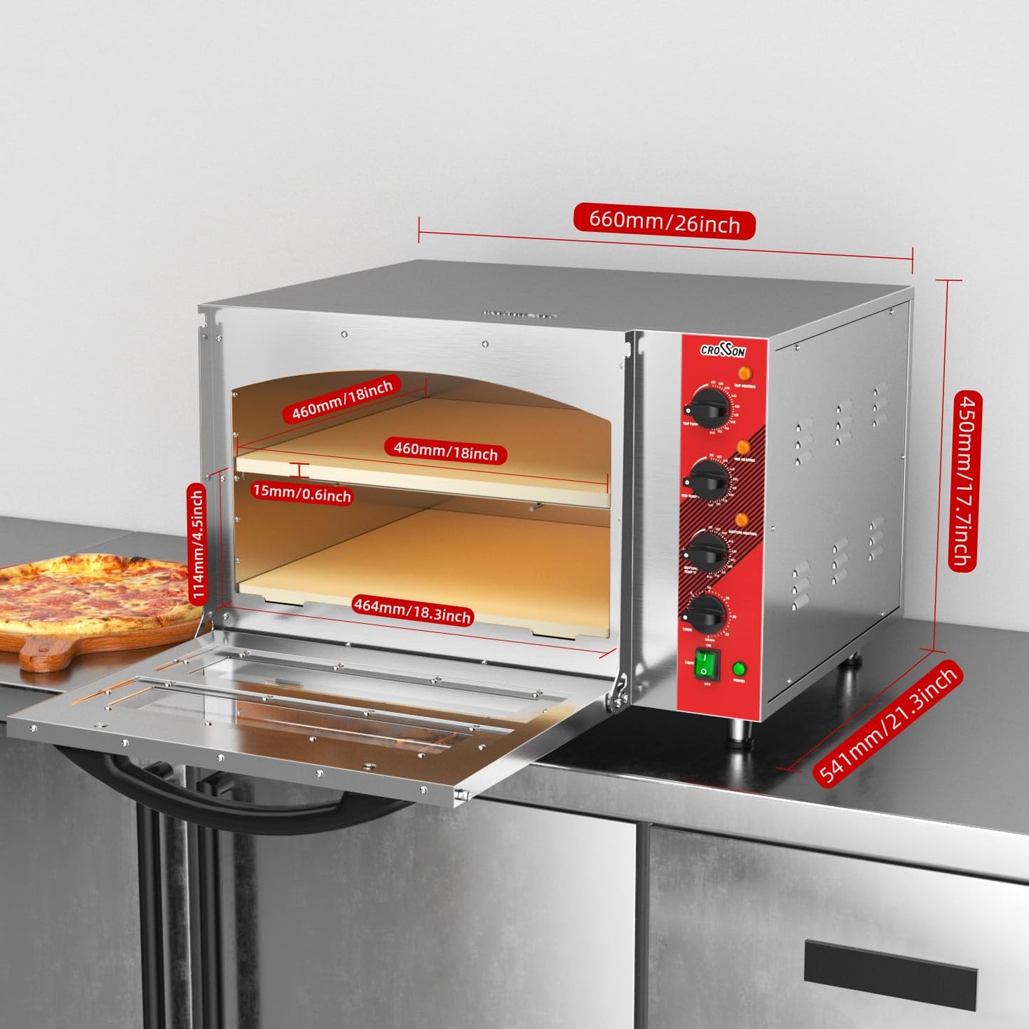 CROSSON Commercial Double Deck 18 Inch Countertop Electric Pizza Oven with 15mm Thick Pizza Stone, Indoor Pizza Bakery Oven for Commercial Use Only,240V/4500W