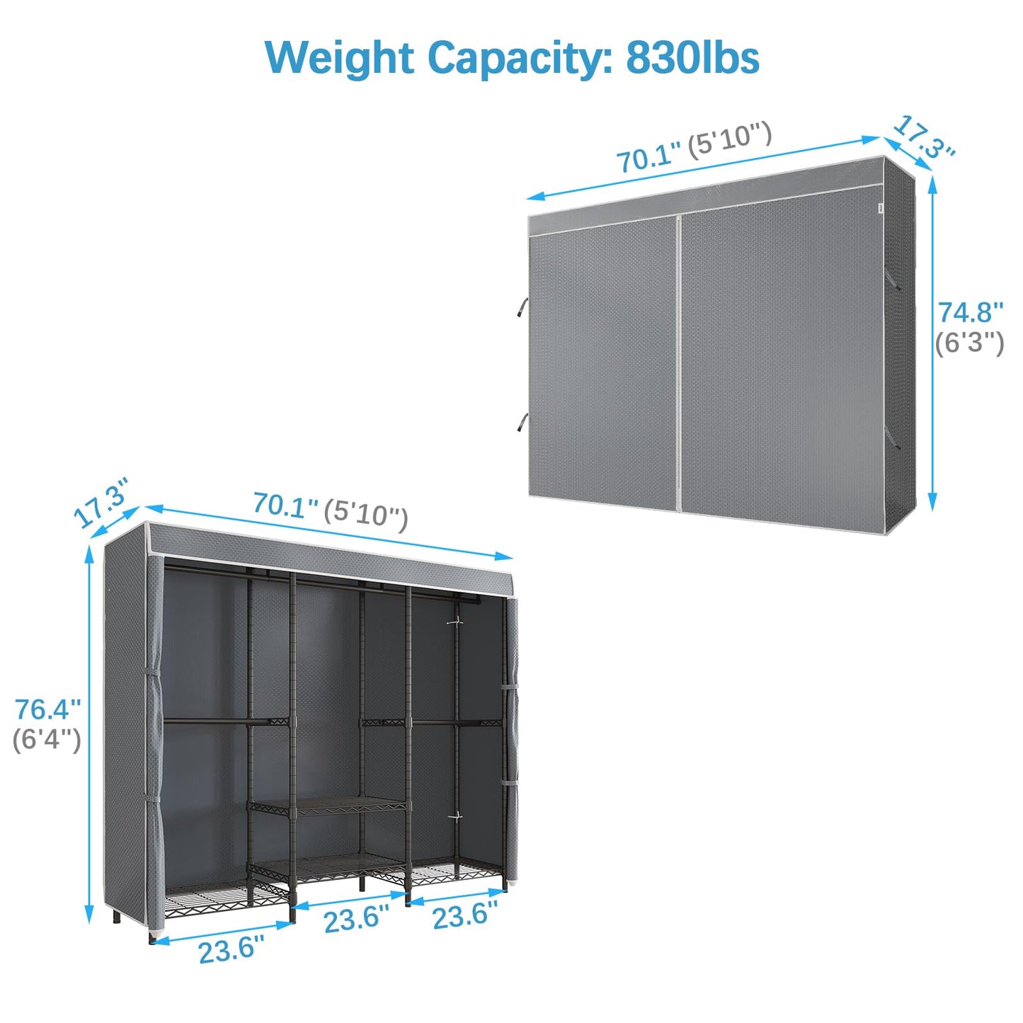 VIPEK V5C SE Covered Garment Rack Heavy Duty Clothes Rack with Cover and Adjustable Shelves, Freestanding Portable Closet Racks Clothes Storage Wardrobe Closets, Black Clothing Racks with Grey Cover