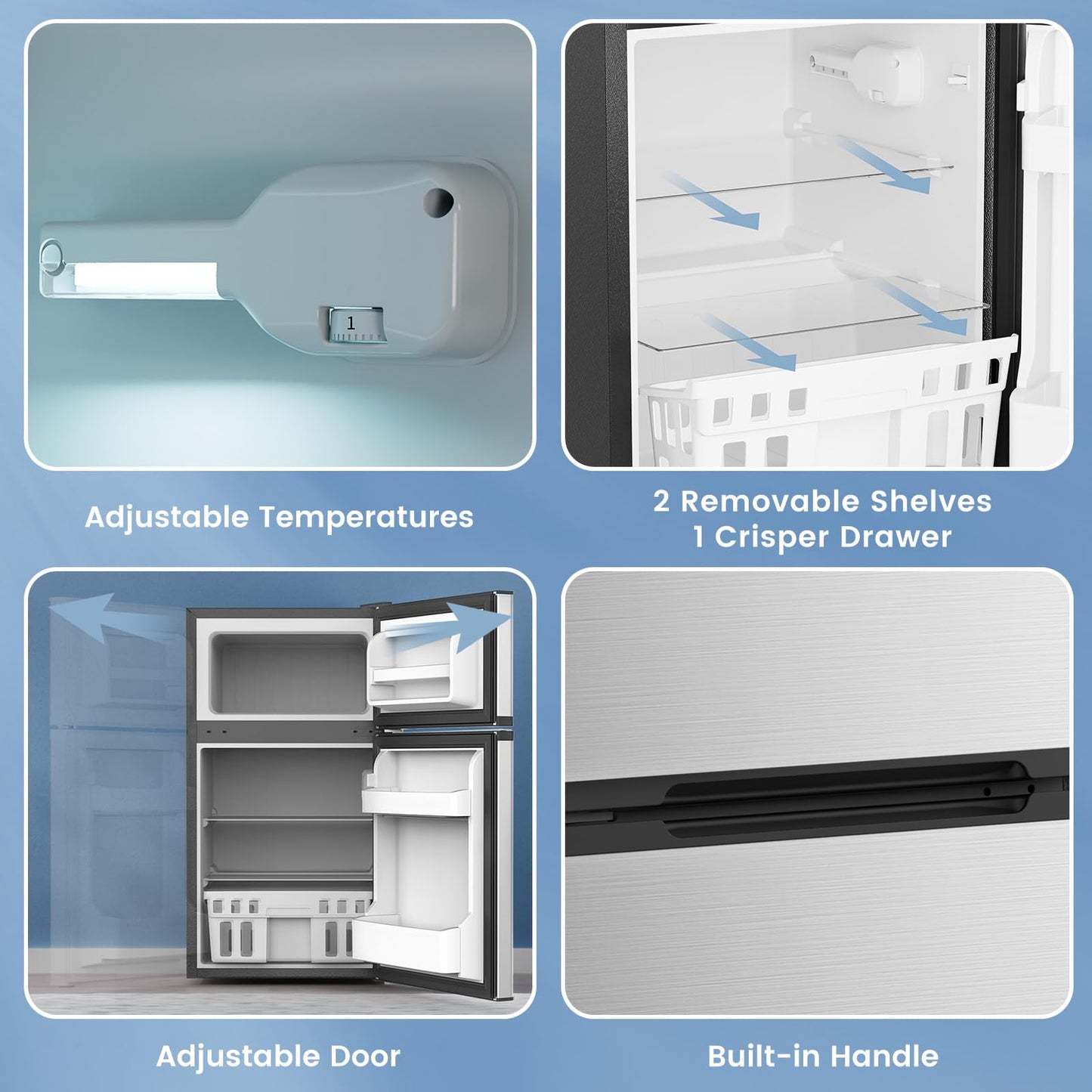 Electactic 3.2 Cu.Ft Mini Fridge with Freezer, Compact Refrigerator with 2 Doors, Small Fridge with Adjustable Thermostat & Removable Glass Shelves for Bedroom, Office, Dorm, or Apartment, Silver