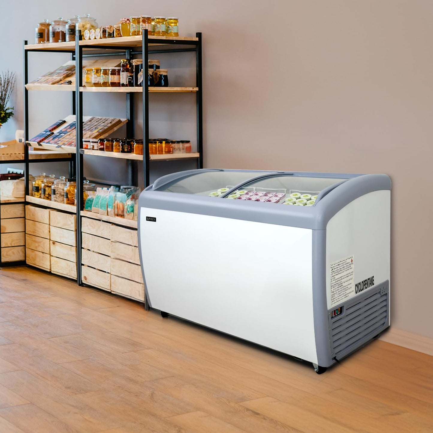 Leadzm 12.7 Cu.Ft Commercial Ice Cream Freezer, 50" Chest Freezer Glass Top Display Case w/Removable Baskets Lockable Wheels Sliding Door for Store Supermaket ETL NSF Certified
