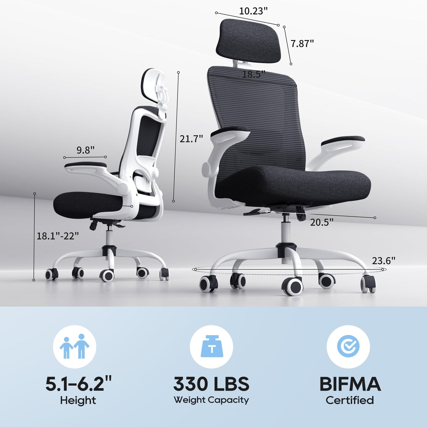 Zeonsit Ergonomic Office Chair, High Back Mesh Desk Chair with Adjustable Lumbar Support & Headrest, Flip-up Armrest, Computer Task Chairs for Home and Executive Office (W-Black)