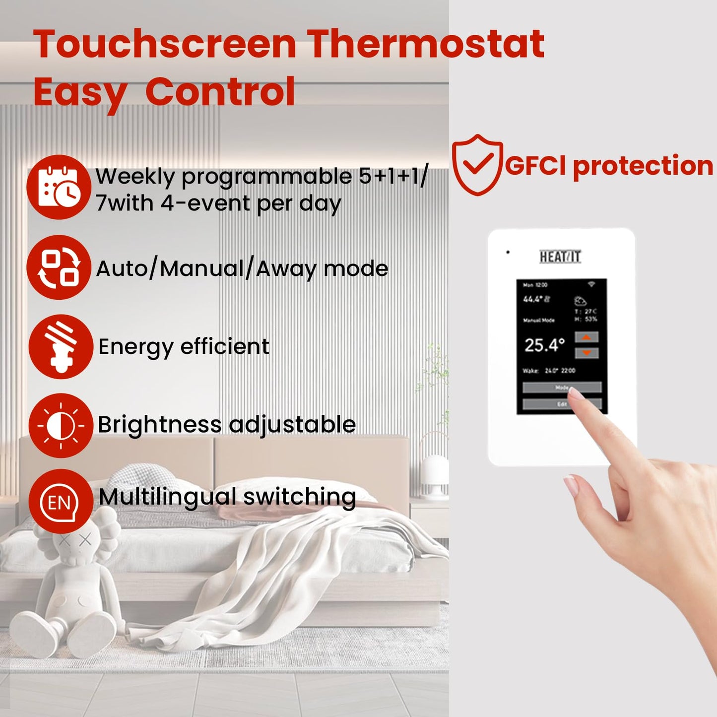 20 sqft HEATIT Warmmat Electric Radiant Self-Adhesive Floor Heat Heating System & ET-7A Thermostat & Alarm Monitor