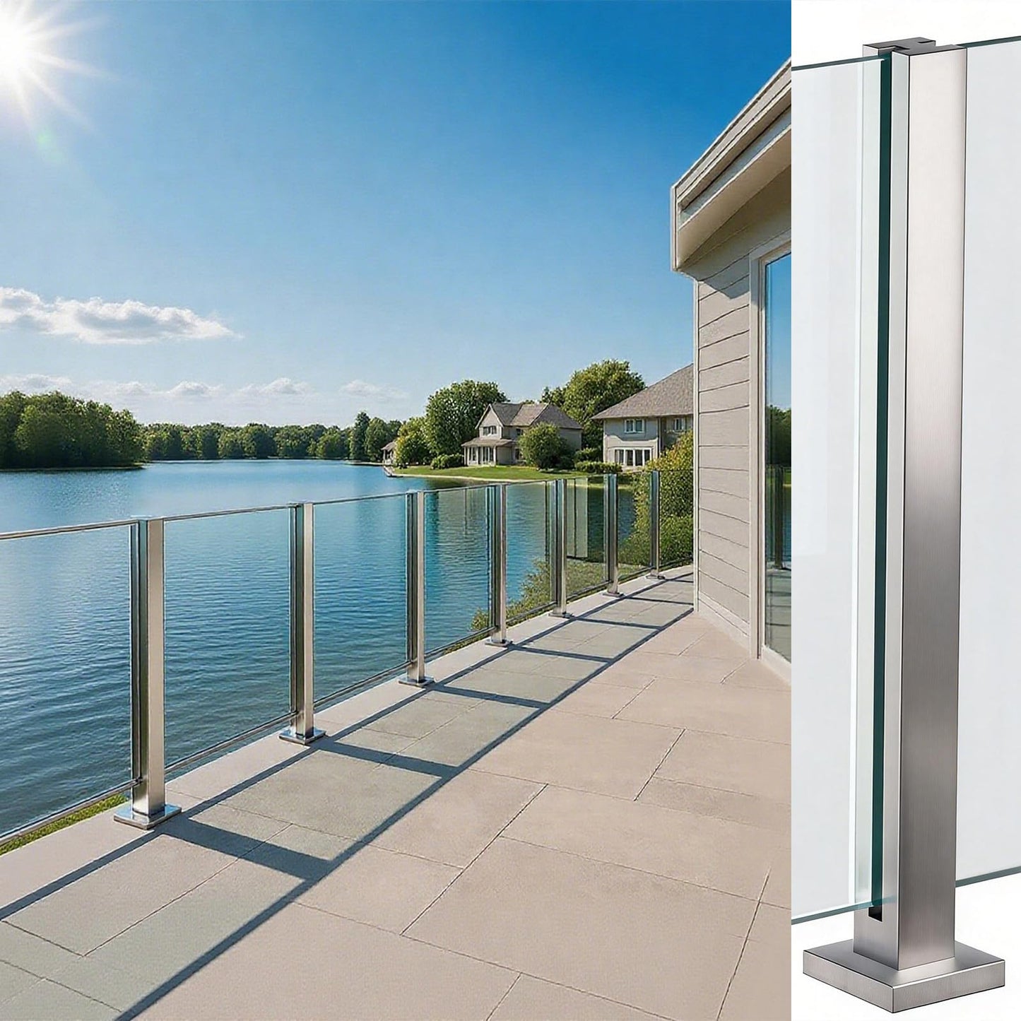 Cvter Glass Railing Post, No-Punch Heavy-Duty Glass Railing with Spigot Slots & Base, 304 Stainless Steel Clamp Bracket for Deck Balusters, Balcony, Patio, Stairs, Silver 24in Mid Post