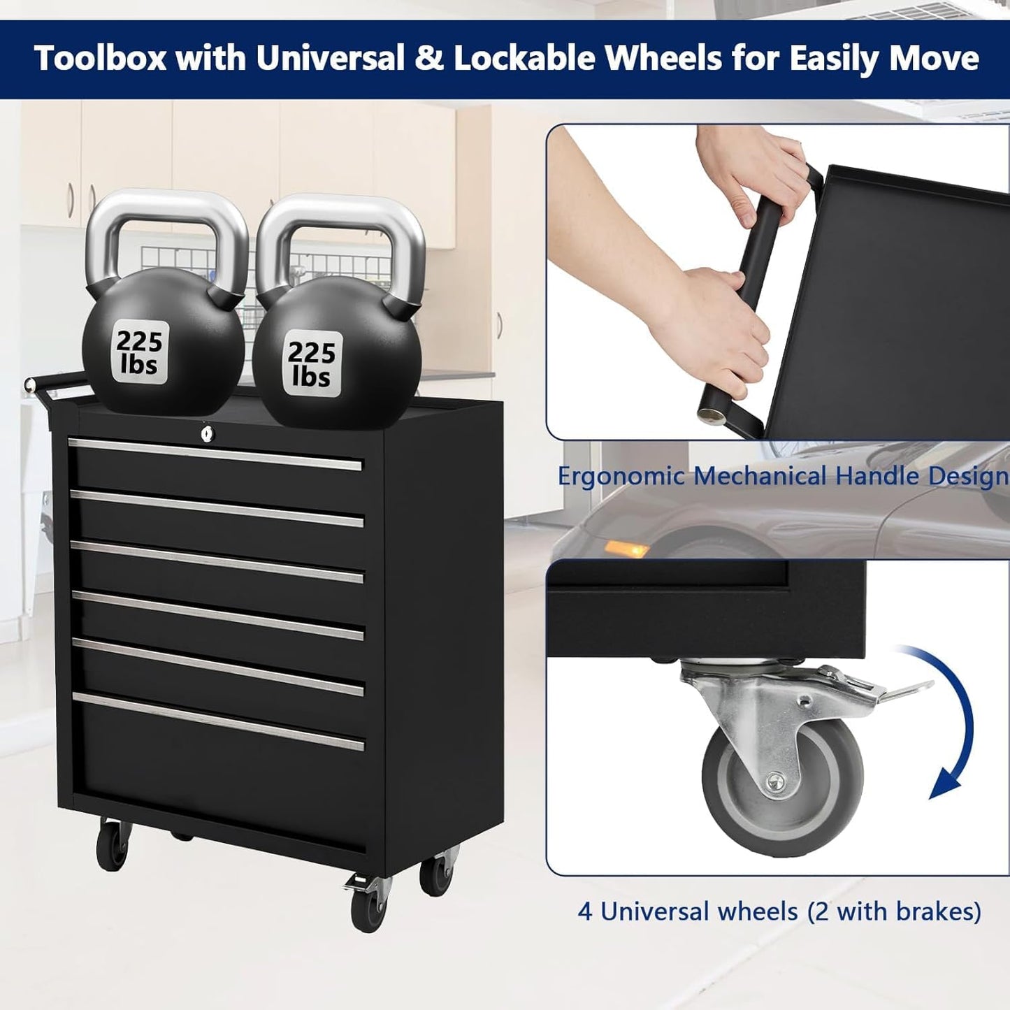 Rolling Tool Chest, 6 Drawers Tool Storage Cabinet with Wheels, Portable Tool Cabinet Organizer with Locking System & Drawer Liners,Universal Lockable Wheels, Tool Storage Cart for Garage, Workshop