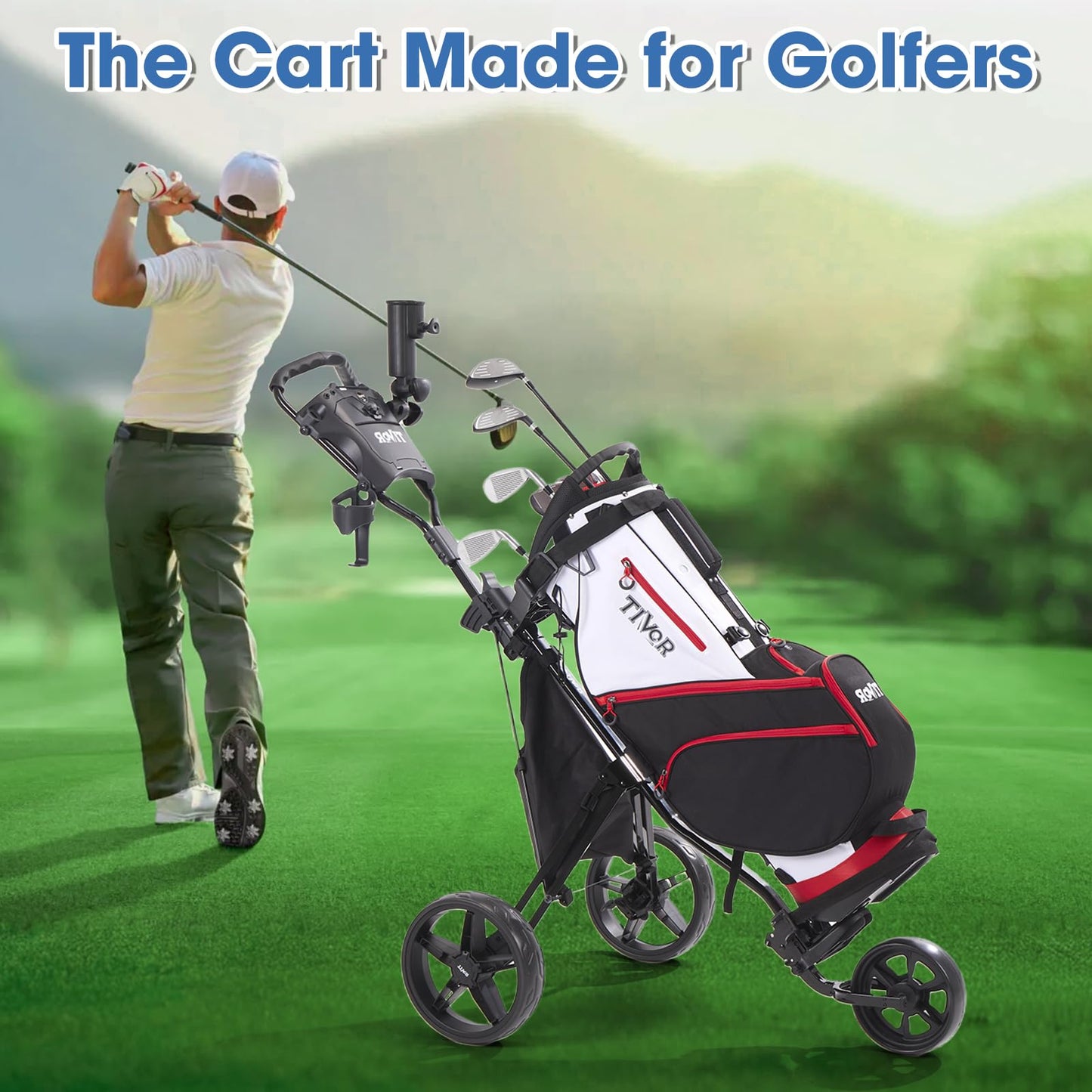 3 Wheel Golf Push Cart,Lightweight Golf Pull Cart with Quad-Fold Frame,and Cleaning Kit Golf,Cooler Bag,Cup/Phone/Umbrella Holder Compact Golf cart-green