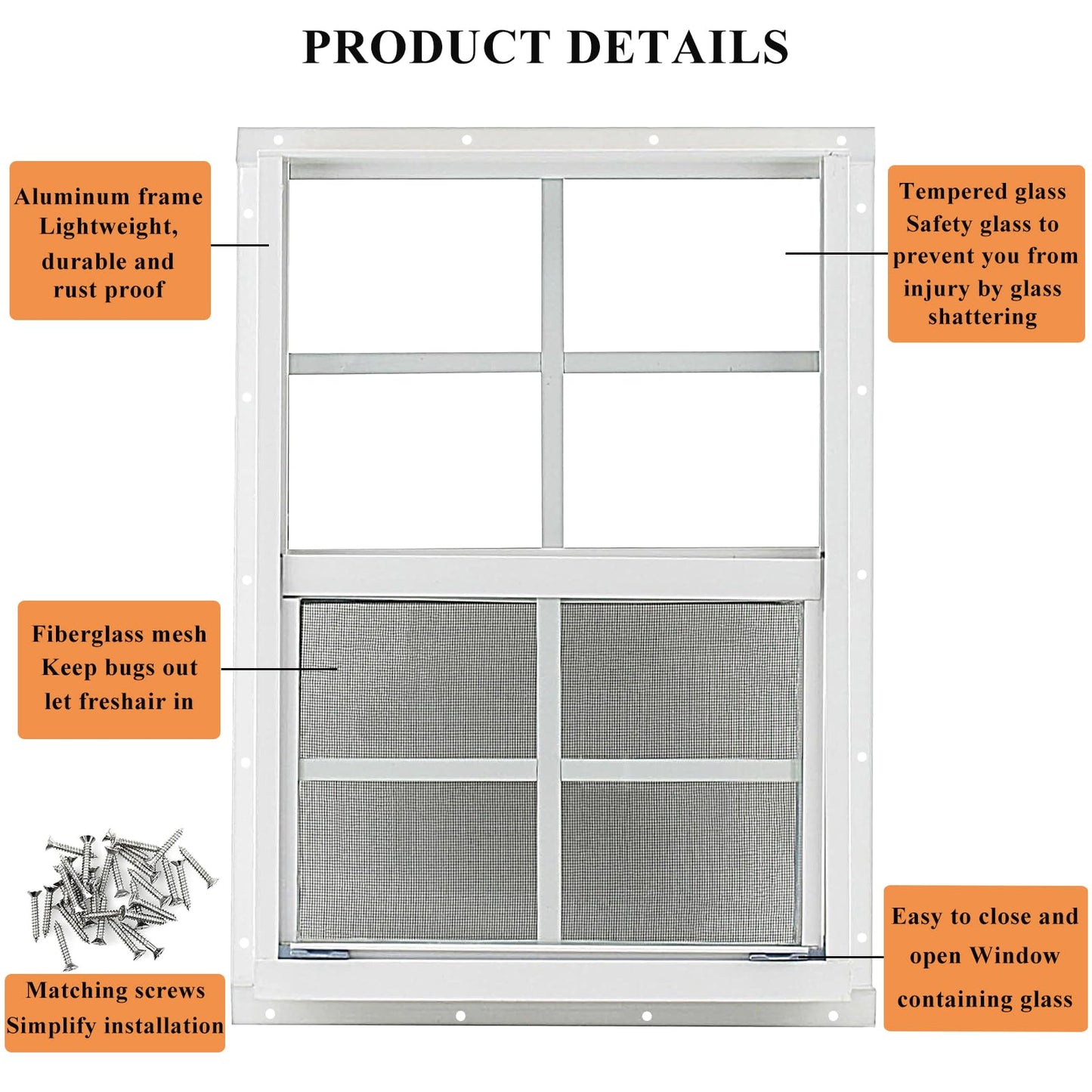 2 Pack White Shed Windows 18" x 23" Flush Mount Window with Tempered Glass and Fiberglass Screen for Chicken Coop Sheds Barns Playhouse