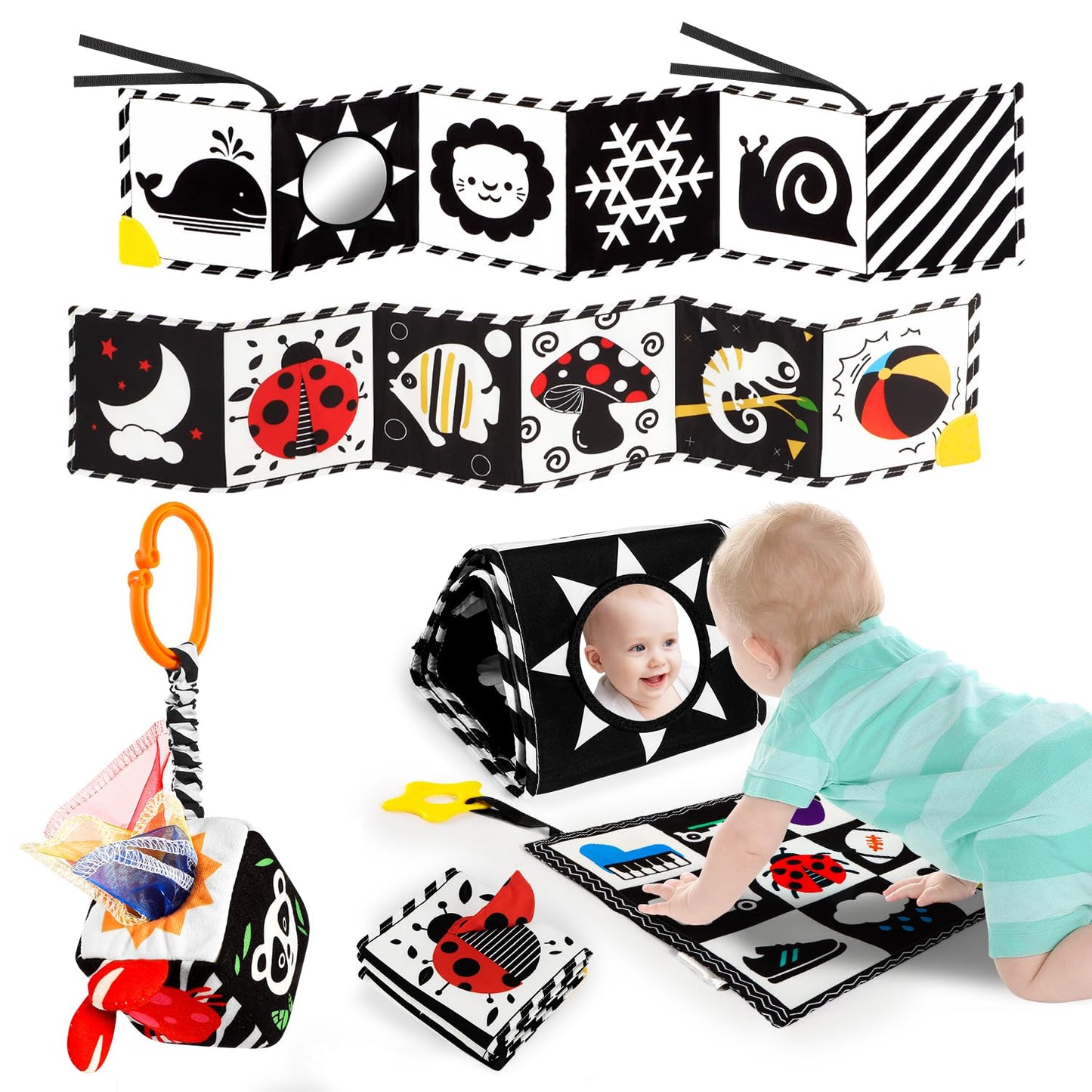 Baobrava 3 PCS Black and White High Contrast Baby Toys for Newborn, Montessori Toy Sensory Infant Tummy Time Toy Baby Essentials 0-6-12 Months Gifts