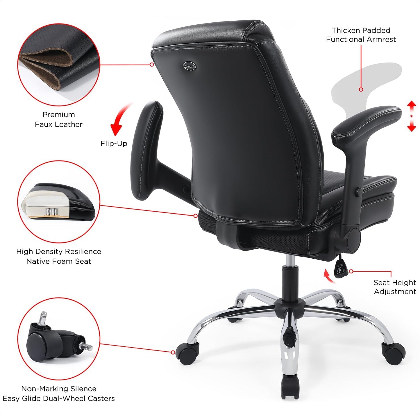 Ergonomic Heavy Duty Mid-Back Padded Bonded Leather Padded Adjustable-Height/Tilt Office Chair, Comfortable Swivel Computer Desk Task Office Stool with Functional Arms, Design for Sedentariness, Black