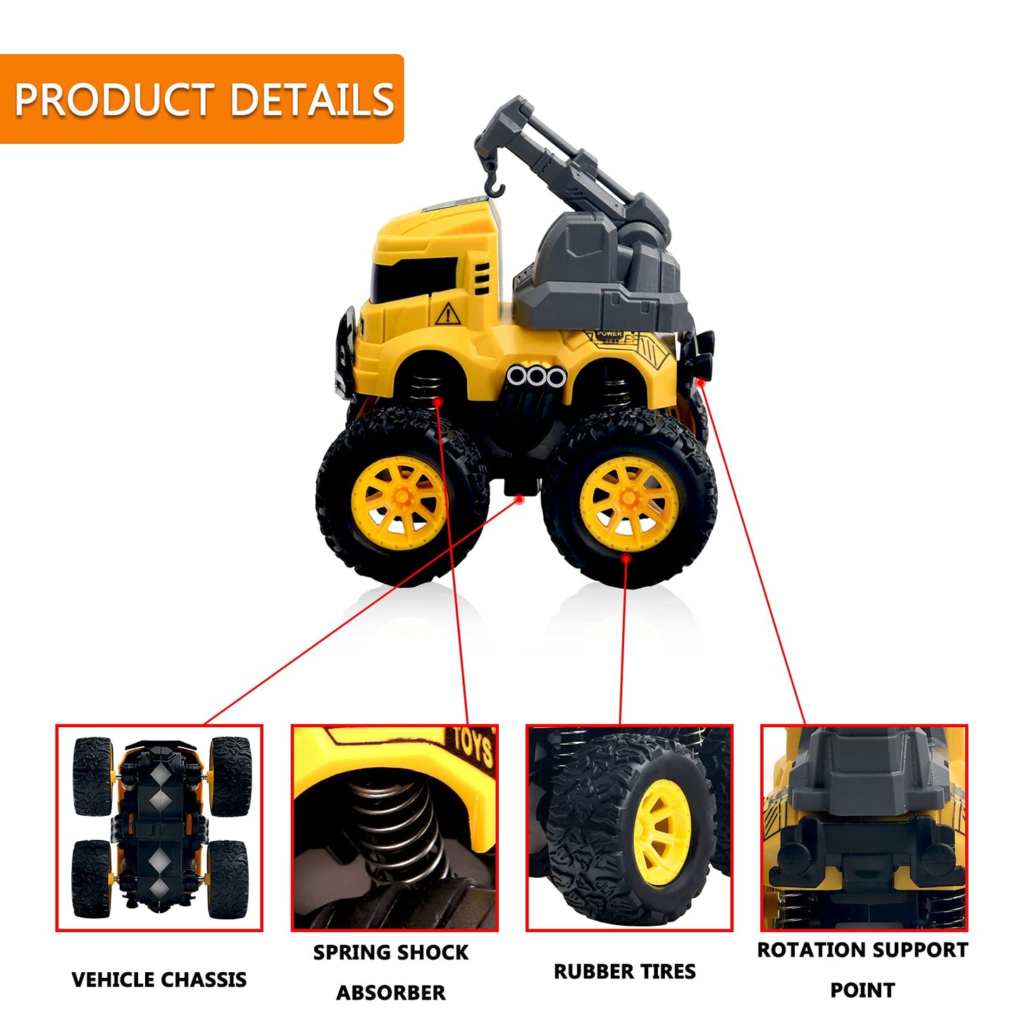 Construction Truck Toys - 4 Pack Excavator, Mixer, Crane, Dump Trucks Push and Go Friction Powered Cars Monster Trucks Vehicles Playset Kids Birthday Party Favors Gifts for 3+ Year Old Boys Girls