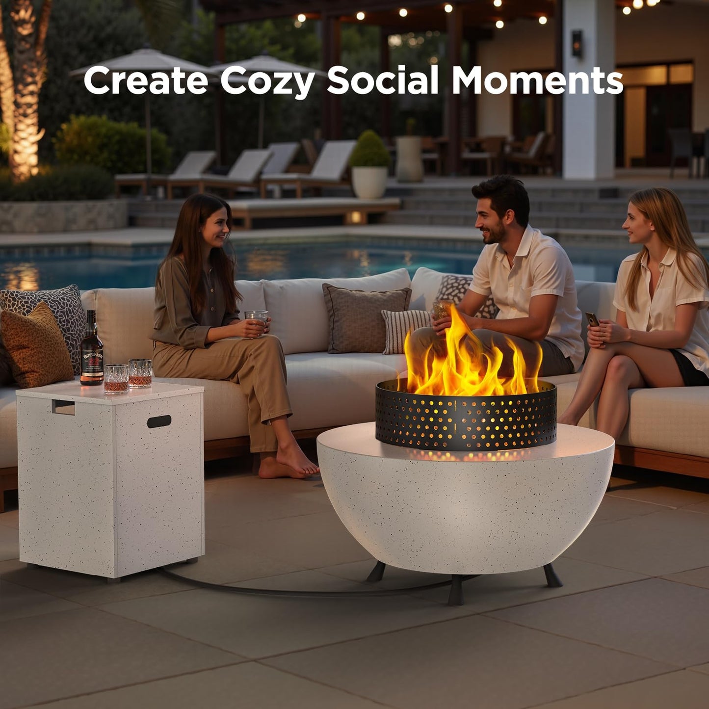 Silonn 29″ Propane Fire Pit Table with Windproof Guard, 50000 BTU Fire Pit Table, CSA-Certified, Outdoor fire Table with Durable Terrazzo Coating/Lava Rocks/4 Stable Adjustable Legs, Garden, White