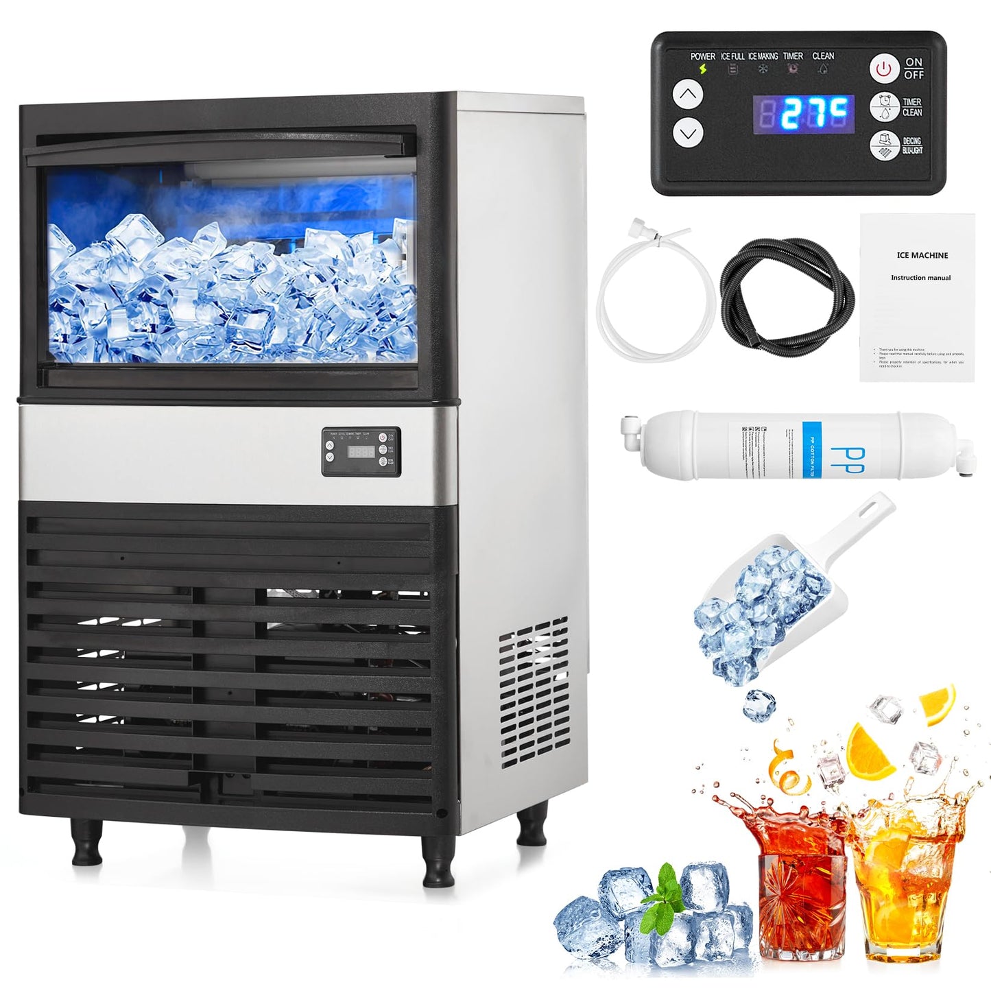 YardYonder Commercial Ice Maker Machine - 130Lbs Daily Production, 27Lbs Storage Bin, Thick 0.9-Inch Ice Cubes, Automatic Cleaning Function - Perfect for Home, Bars, Hotels, and Restaurants