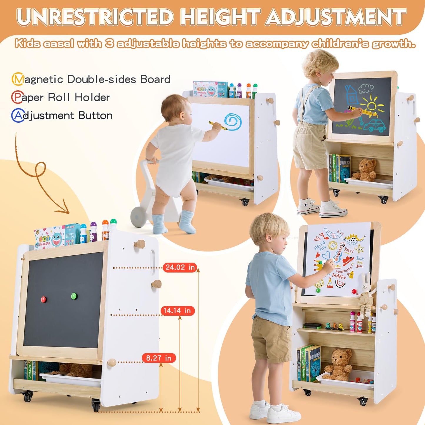 Kids Bookshelf & Easel & Toys Storage Organizer with Wheels, 3-in-1 Wooden Art Easels with Chalkboard & Whiteboard for Toddlers, 5-Tier Montessori Book Shelf for Kids Rooms, Bedroom, Nursery, Playroom