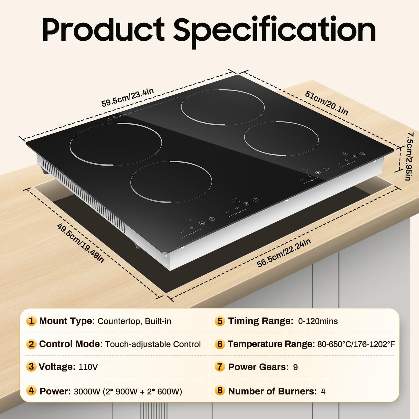 3000W 110V Cooktop Portable 4 Burners Electric Built-in Cooktop Sensor Touch Control Countertop Electric Hot Plate with Kid Safety Lock and 2H Timer, 9 Heating Level, no plug