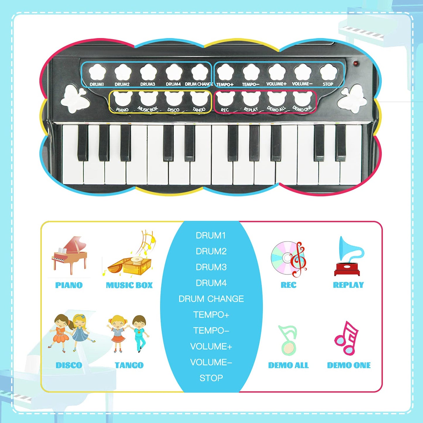 24 Keys Black Piano Toy and Steering Wheel Toy for Baby