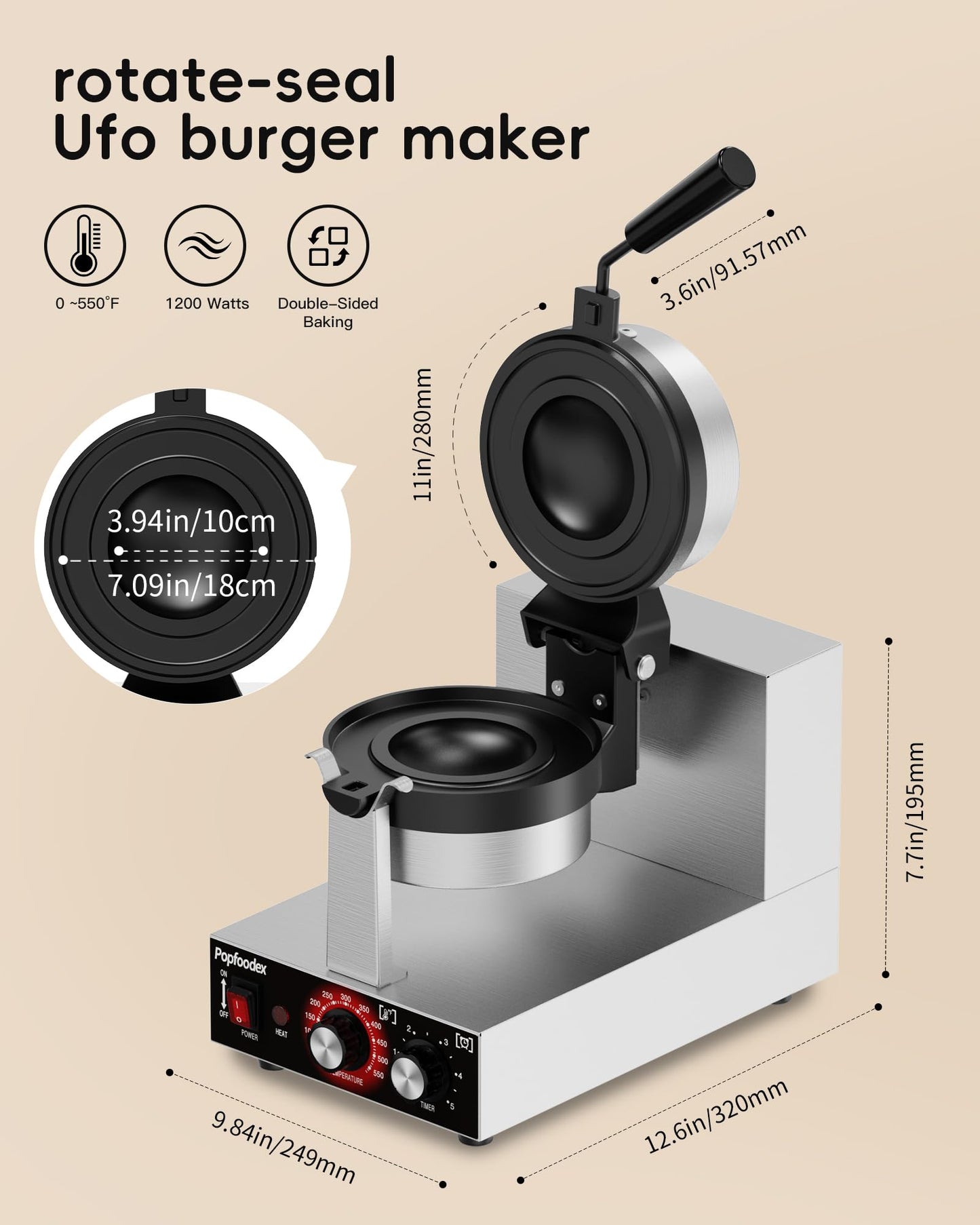 Popfoodex Ufo Burger Maker Machine, 110V Electric Ufo Sandwich Maker w/Adjustable Temperature and Timer, Stainless Steel Ice Cream Burger Maker for Dining Room, Kitchen, Restaurant, Burger Sealer
