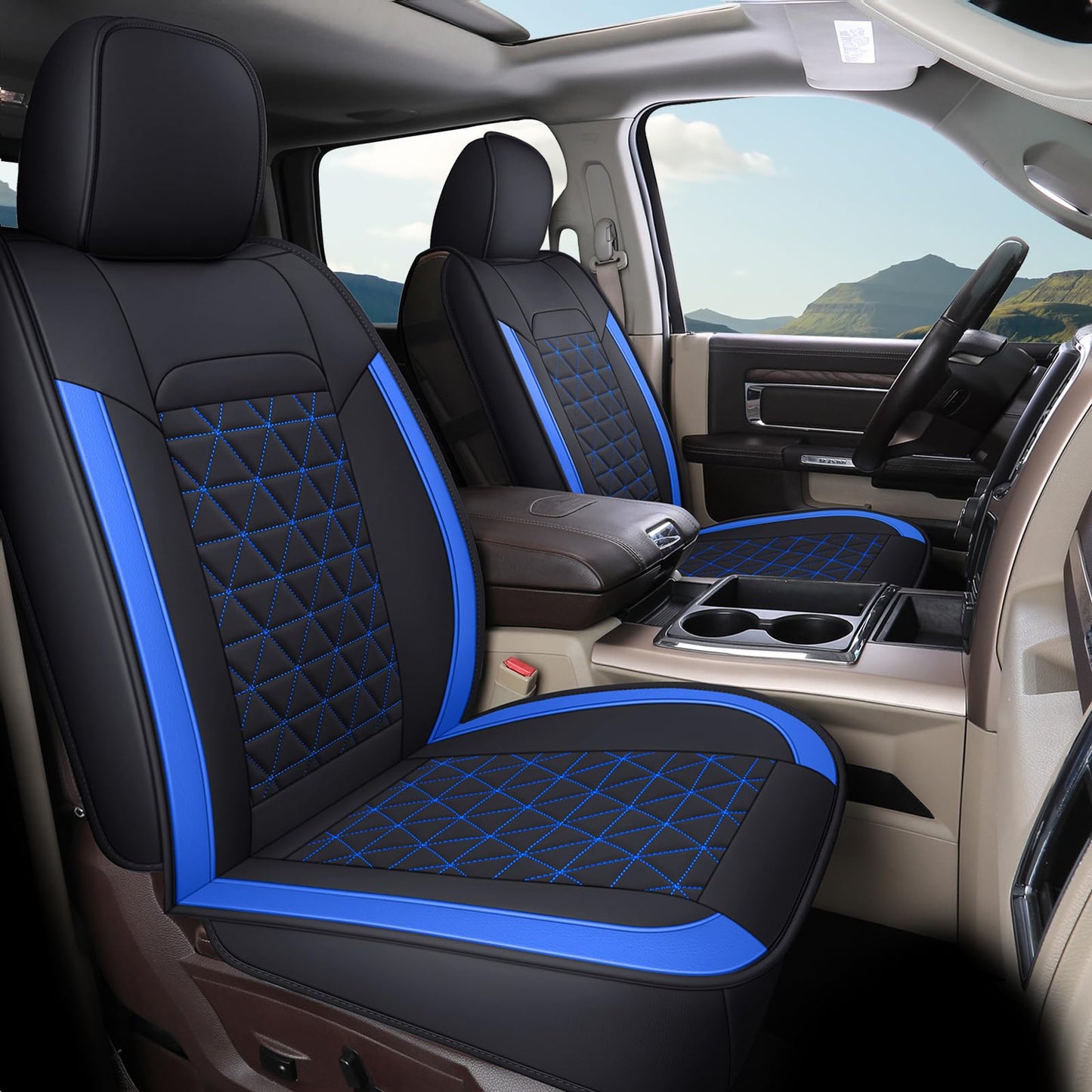Coverado RAM Seat Cover Full Set, Leather Seat Covers Fit for Dodge RAM 1500, Truck Seat Covers Custom Fit for 2002-2025 Dodge RAM 1500 2500 3500 Crew Quad Cab with Curved Bench, Blue