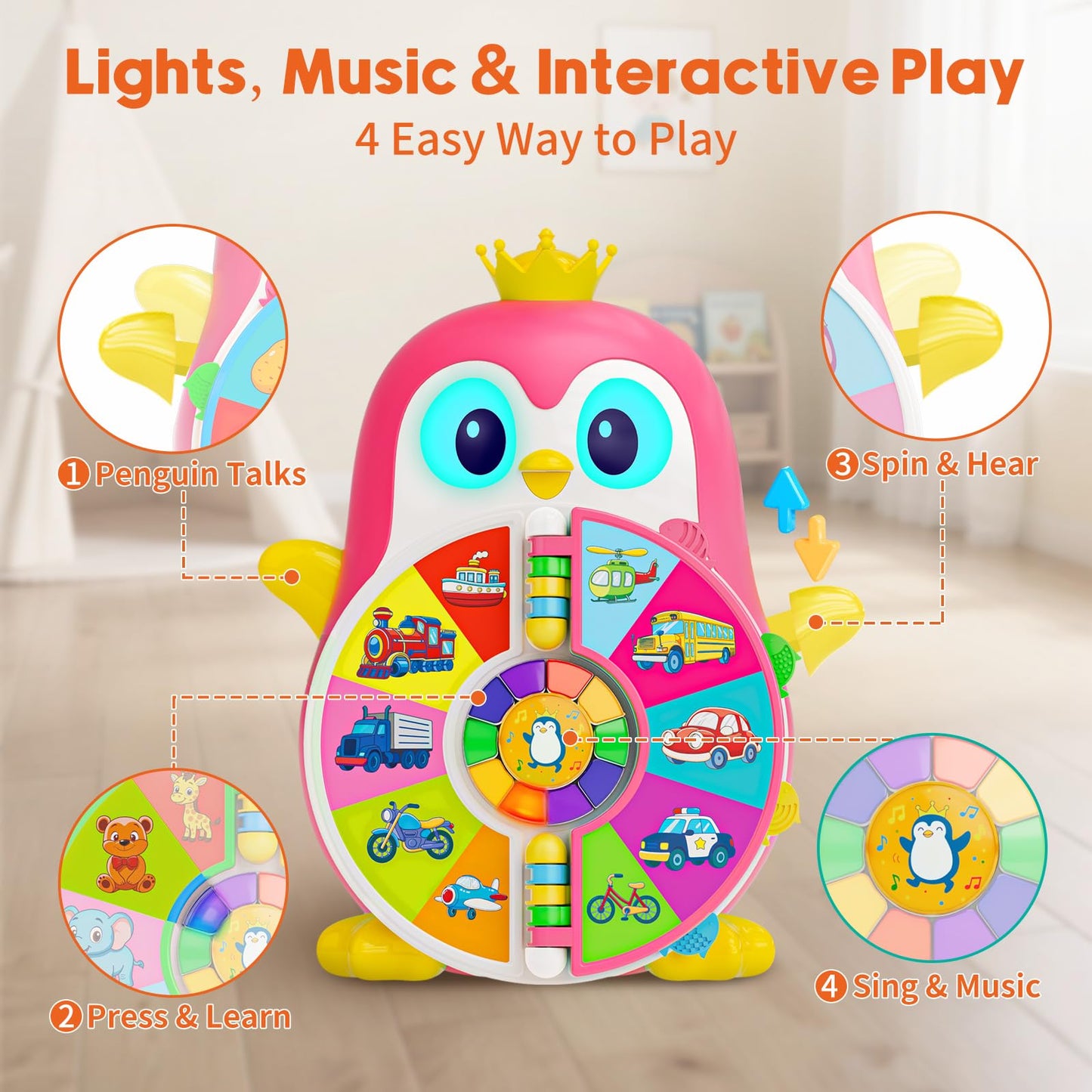 Vahome Musical Penguin Educational Toys for 1,2 Year Old Girl Gifts, Learning Toy for Toddlers 1-3 Yr with 5-Theme Pages, Lights & Music, First Birthday Gift for 1-2 Year Old 12-18 Month Age (Pink)