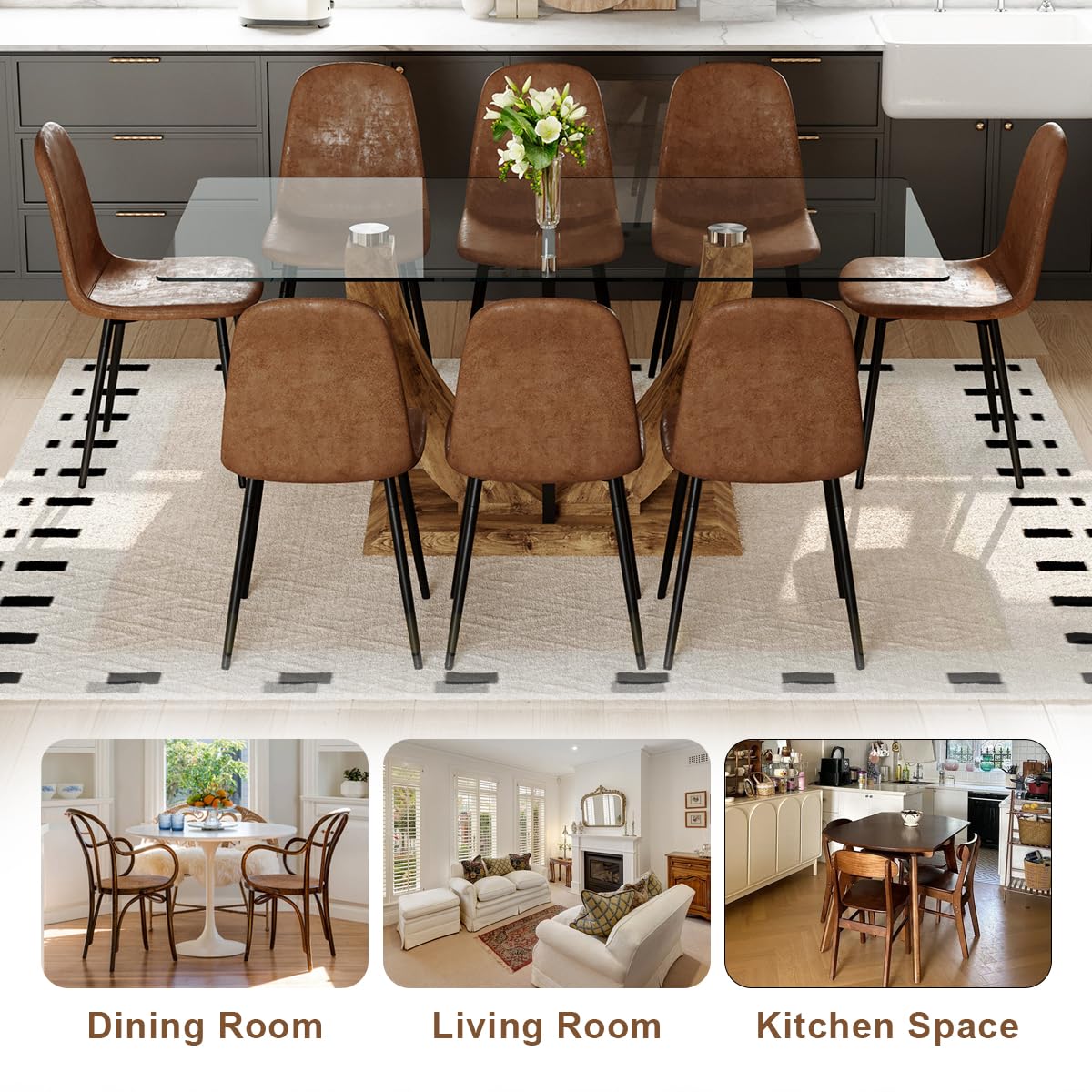JEARGE 71" Glass Dining Table Set for 6, 7 Piece Dining Table Set,Tempered Glass Table Top with U-Shaped Legs and Fabric Dining Chairs,Ideal for Kitchens, Living Rooms (Brown Chair, 1 Table+6 Chairs)