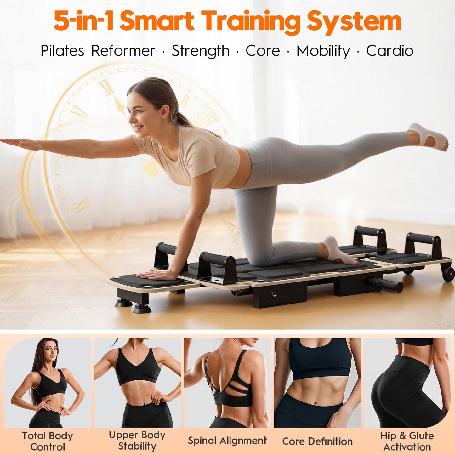 Pilates Board Reformer for Home Workout, 5-in-1 Pilates Equipment with Dual & Split Foot Pads, Smooth Sliding Rail System, Adjustable Headrest for 110–190cm, Core & Full-Body Training